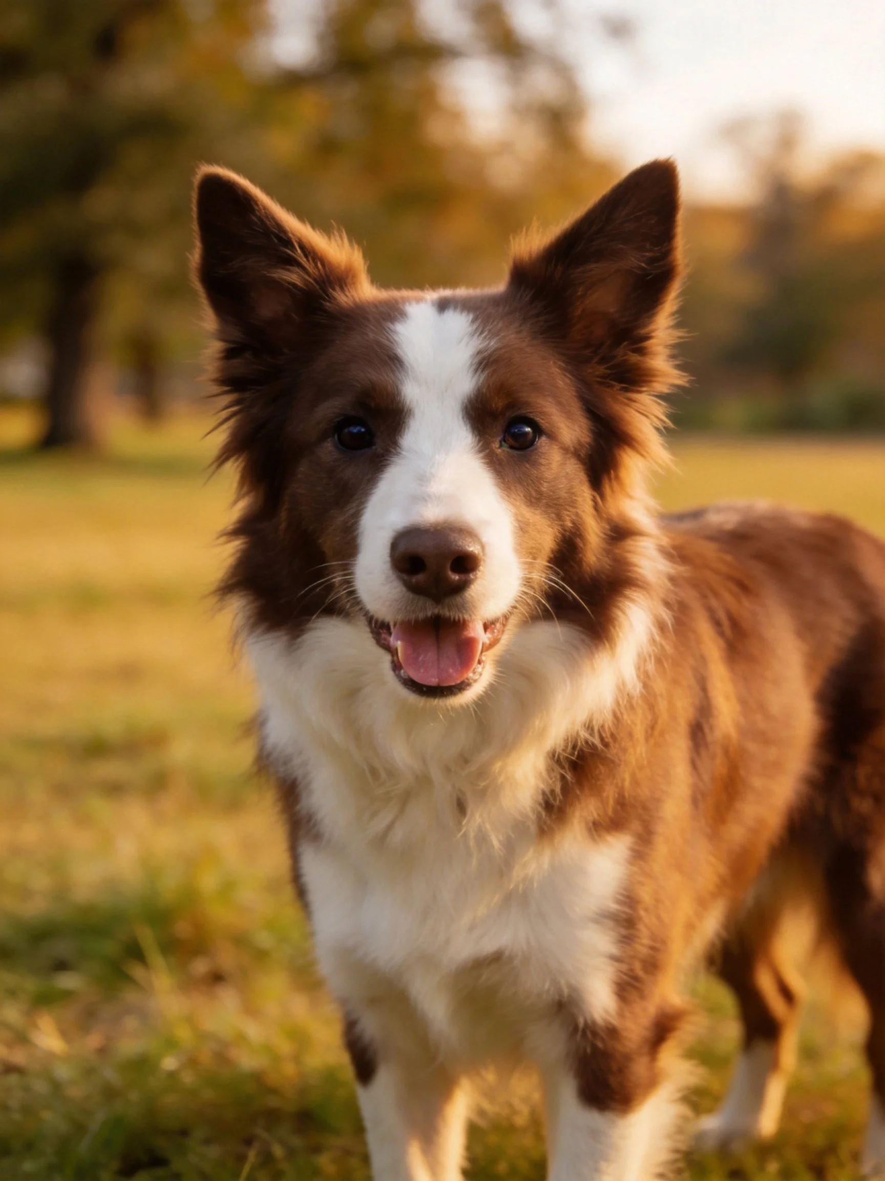 A brown and white Border Collie enjoys a sunny day in an open grassy area.