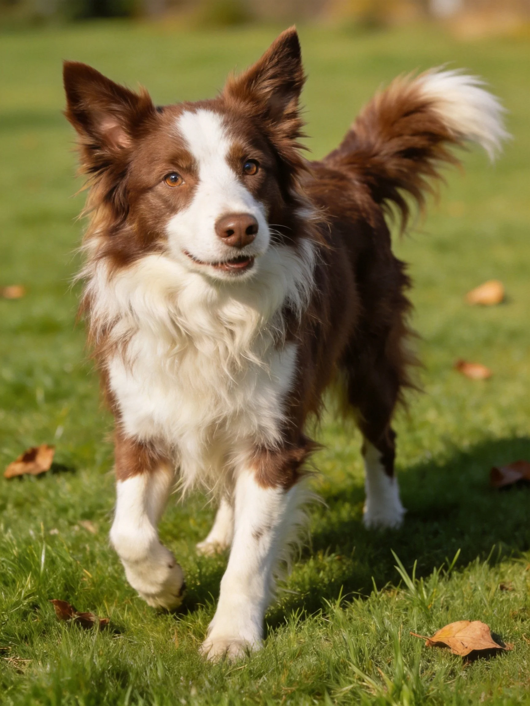 A brown and white Border Collie walks through a grassy area with leaves.