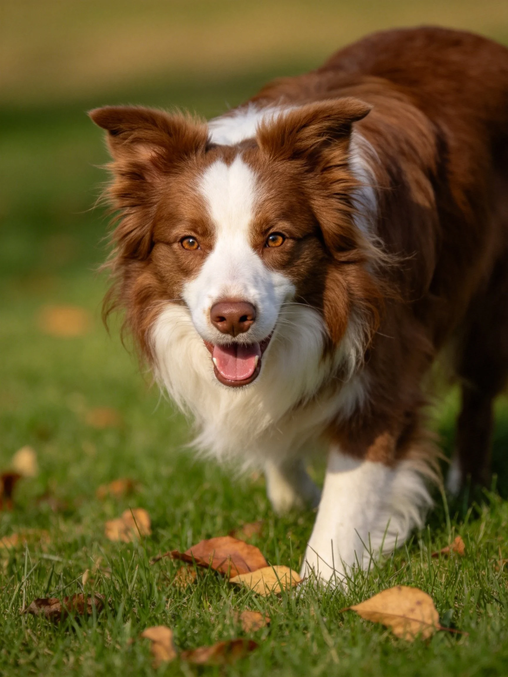 A brown and white Border Collie walks on grass with scattered autumn leaves.