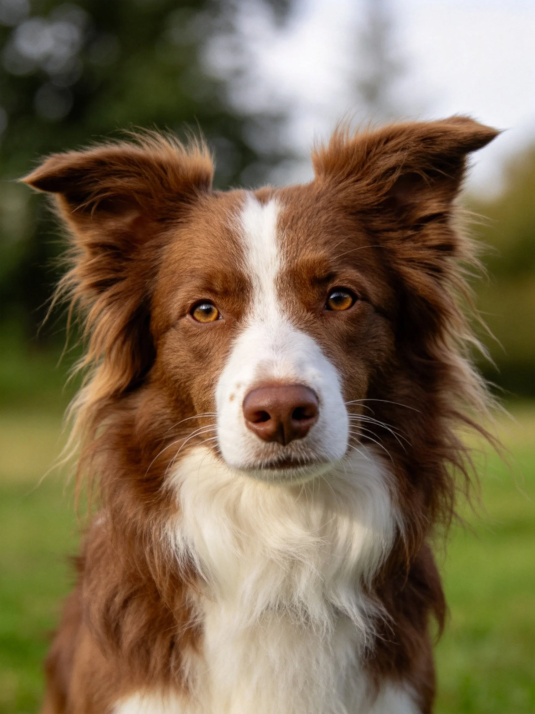 A brown and white Border Collie stands alert outdoors with a blurred green background.