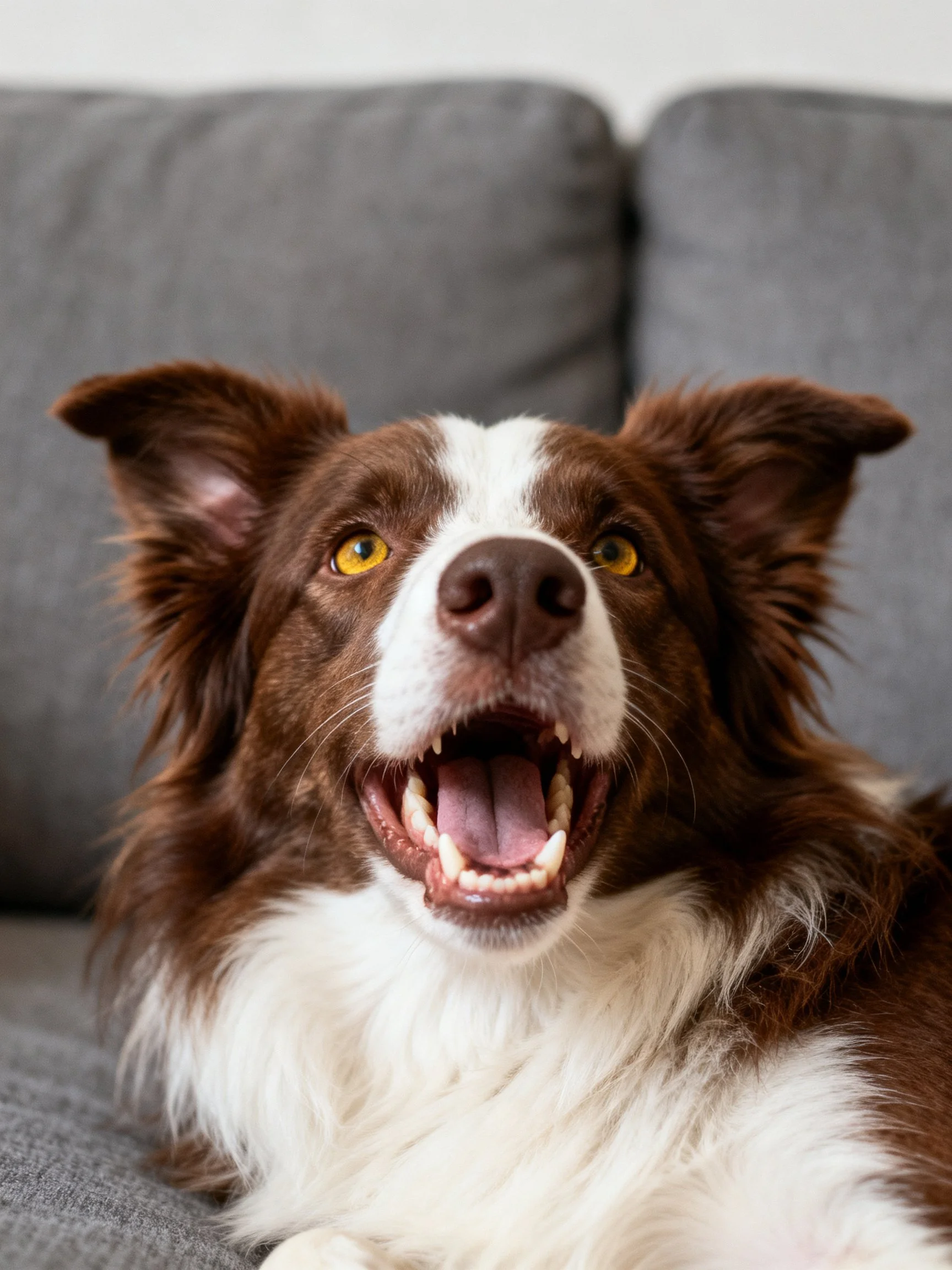 A brown and white Border Collie relaxes happily on a gray couch.