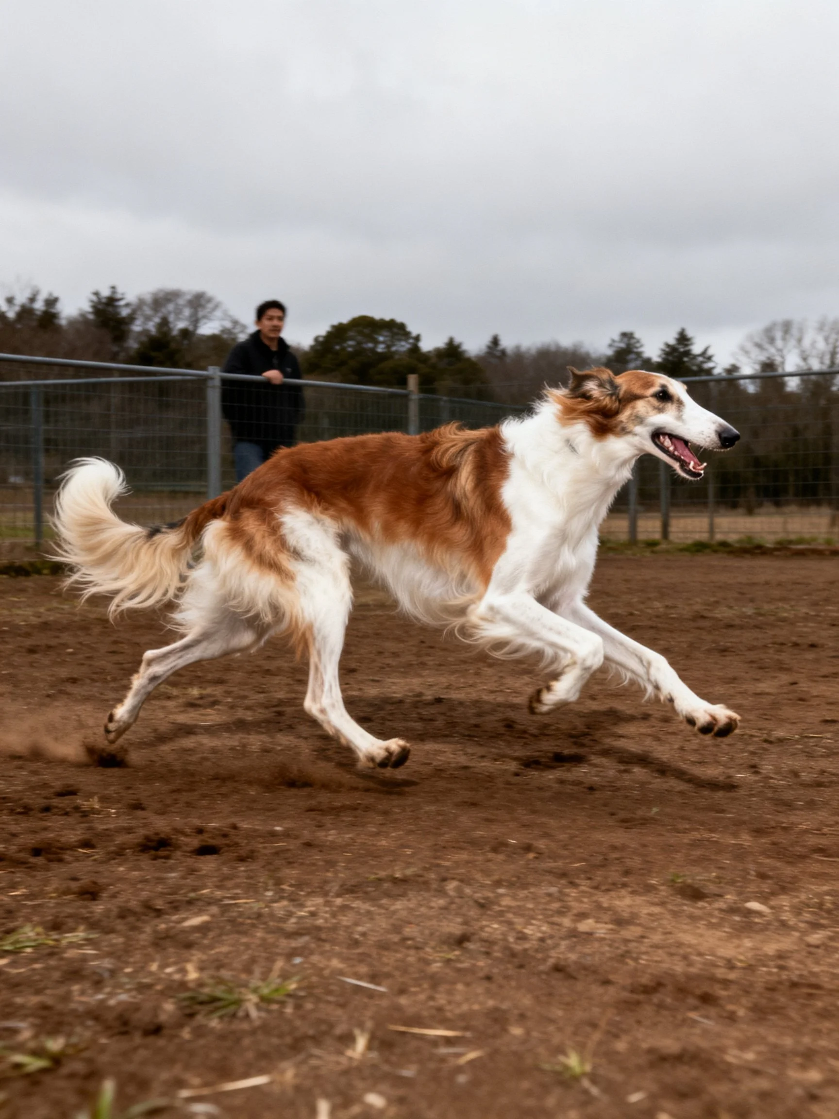 A brown and white Borzoi dog sprinting on a dusty outdoor enclosure