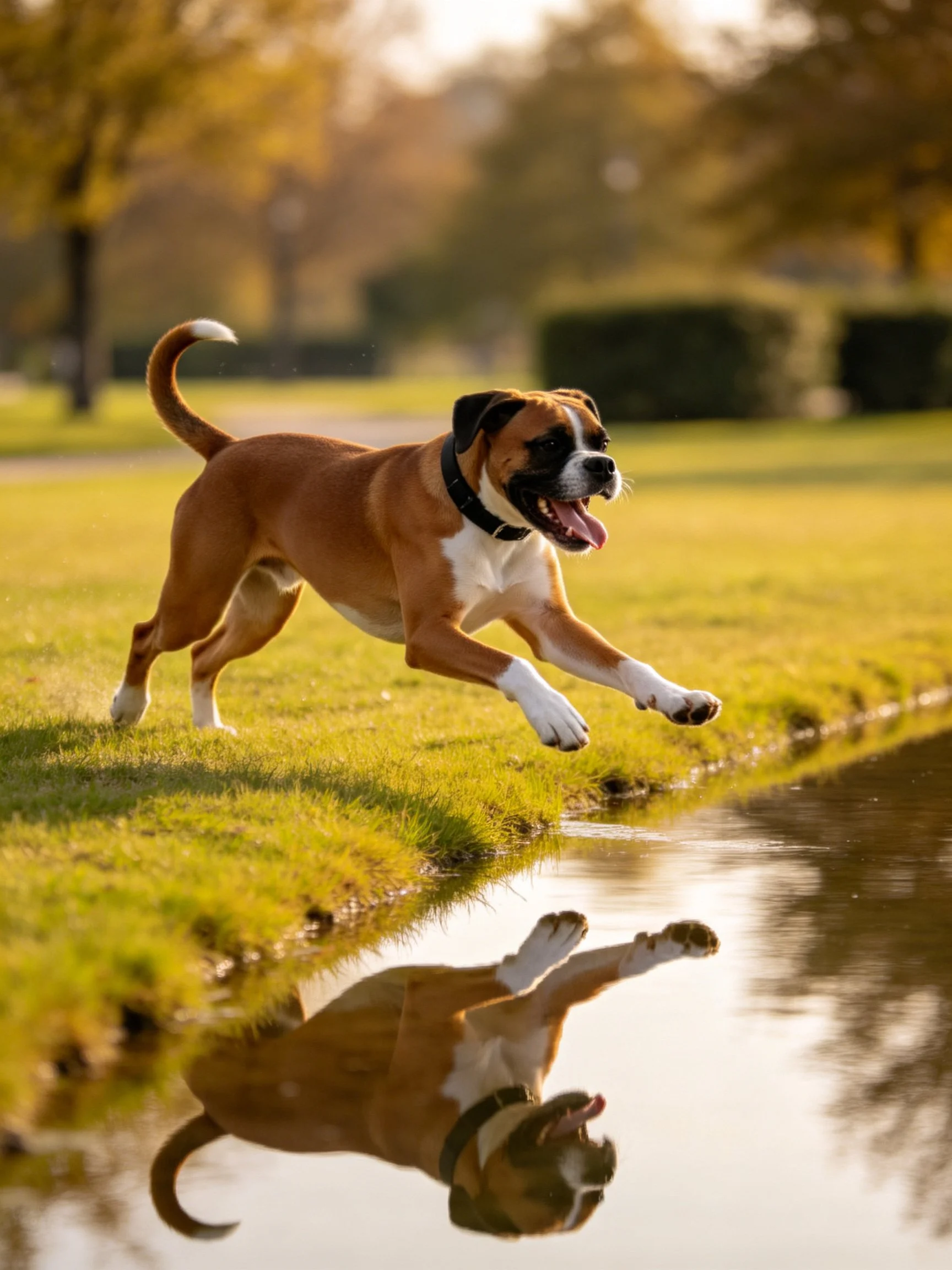 A brown and white Boxer dog leaping toward a reflective pond