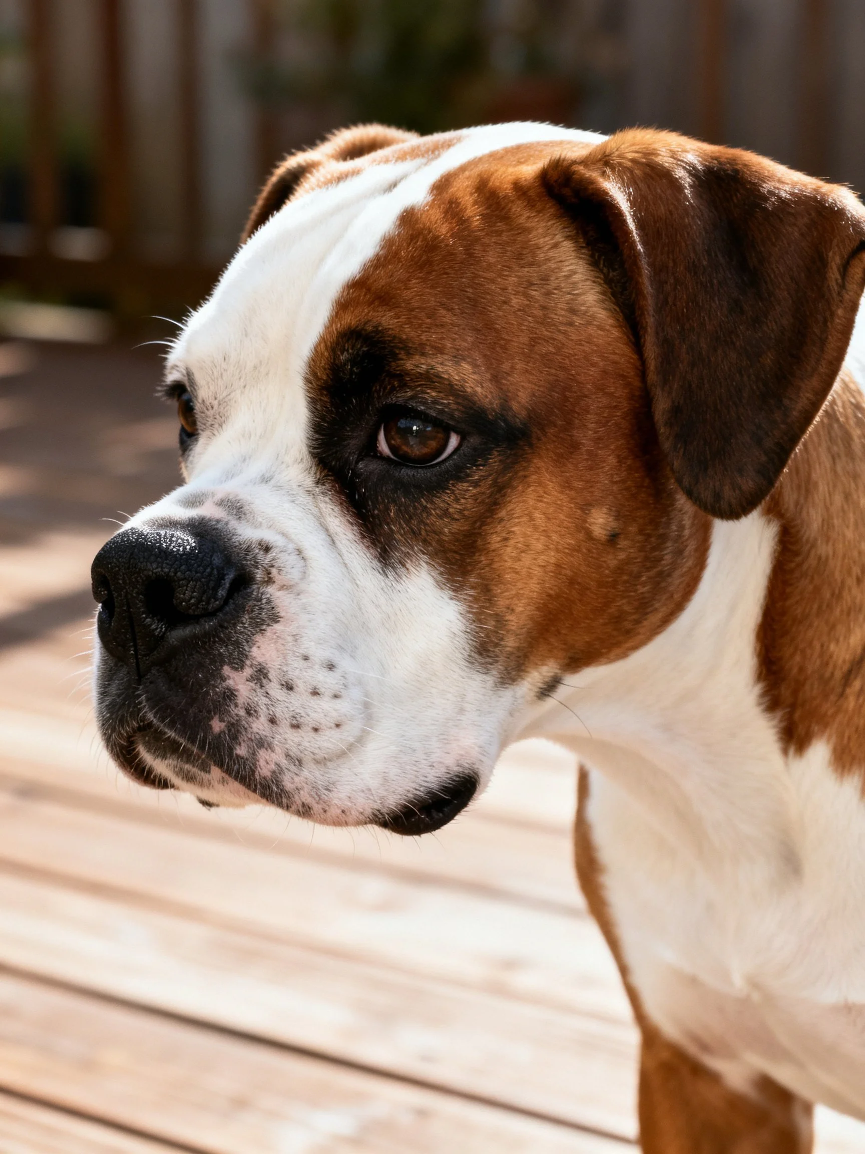 A brown and white Boxer dog on a wooden deck