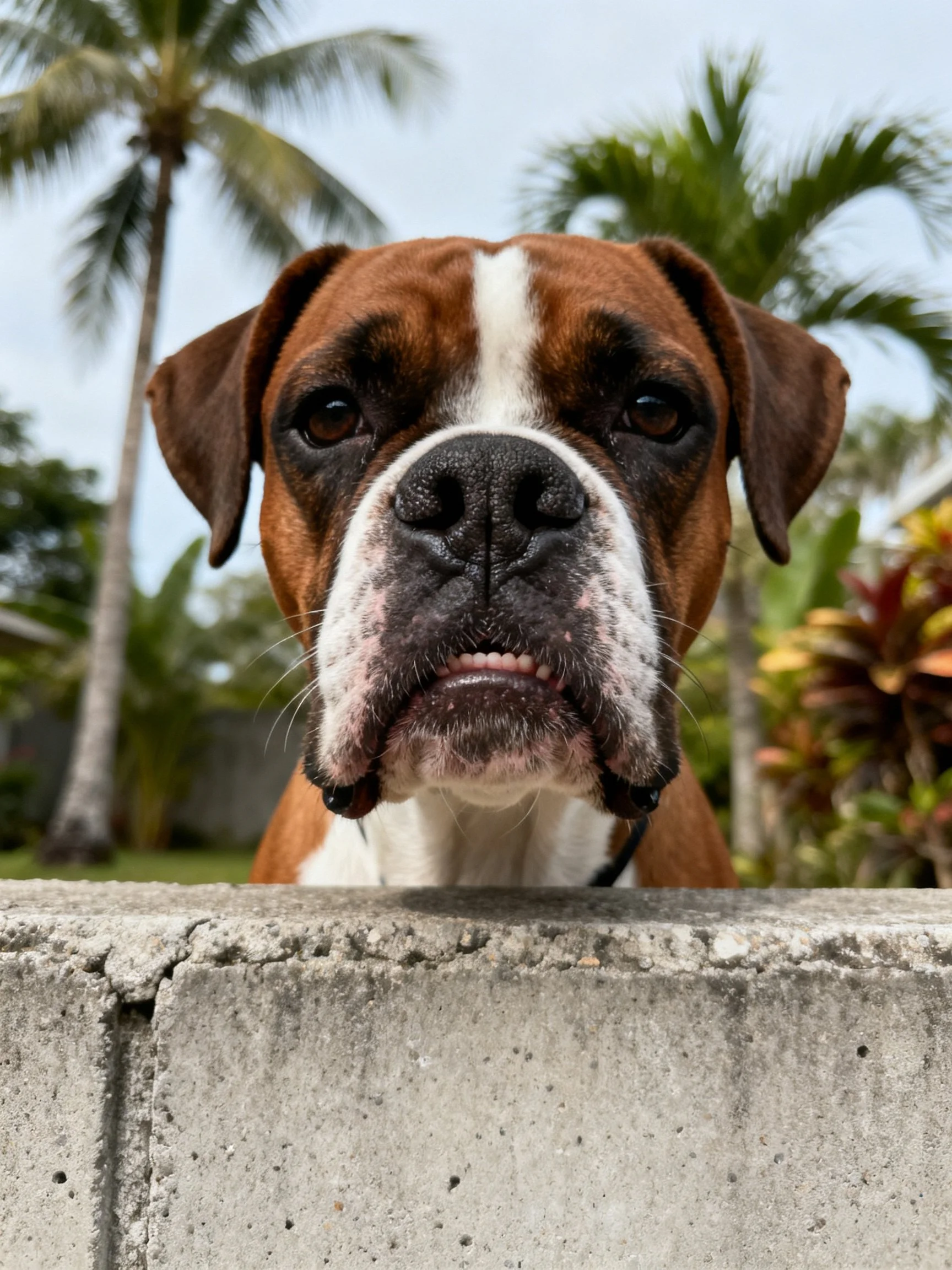 A brown and white Boxer dog peers over an aged concrete barrier with tropical surroundings