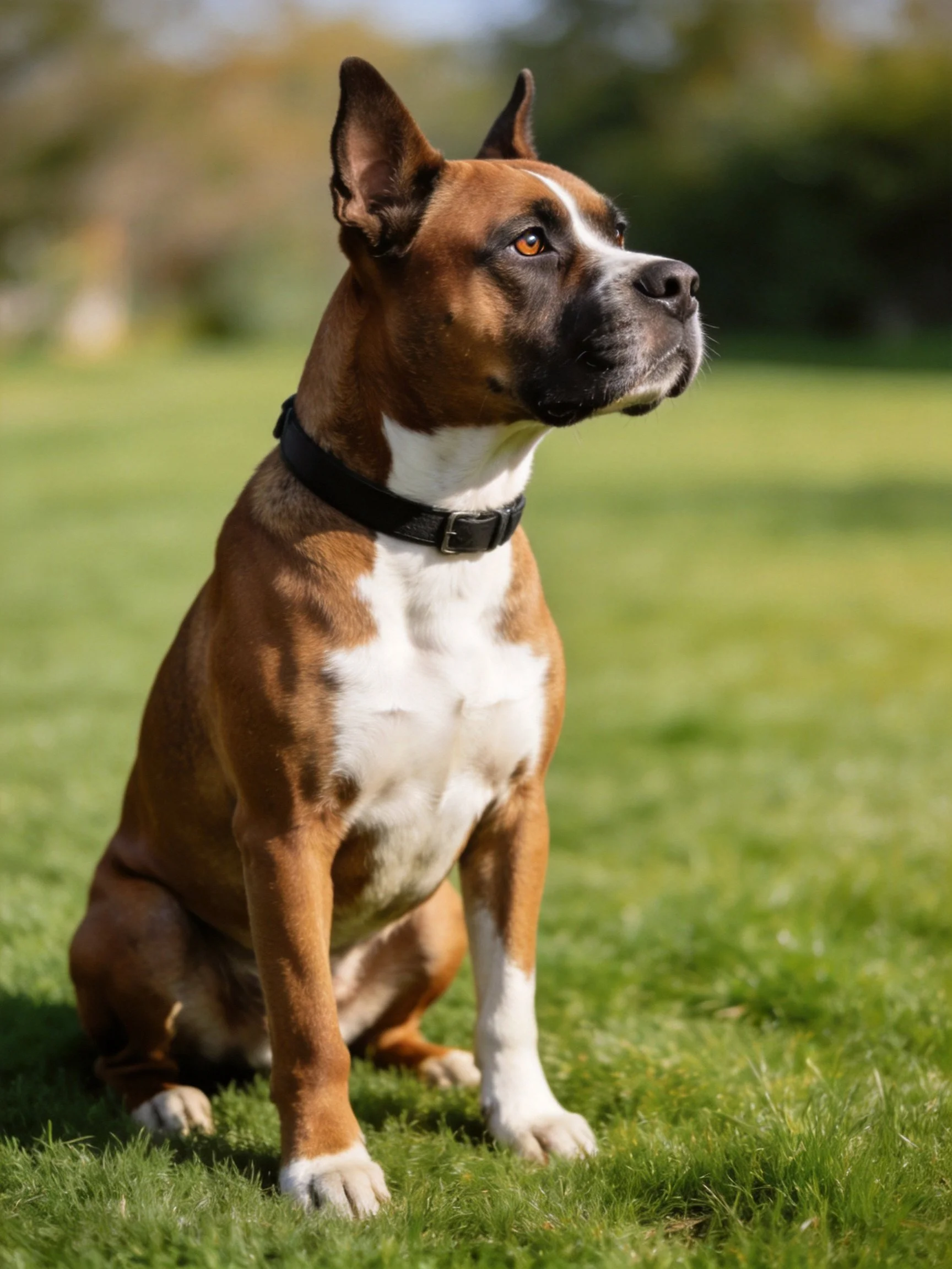A brown and white Boxer dog sits alertly on green grass