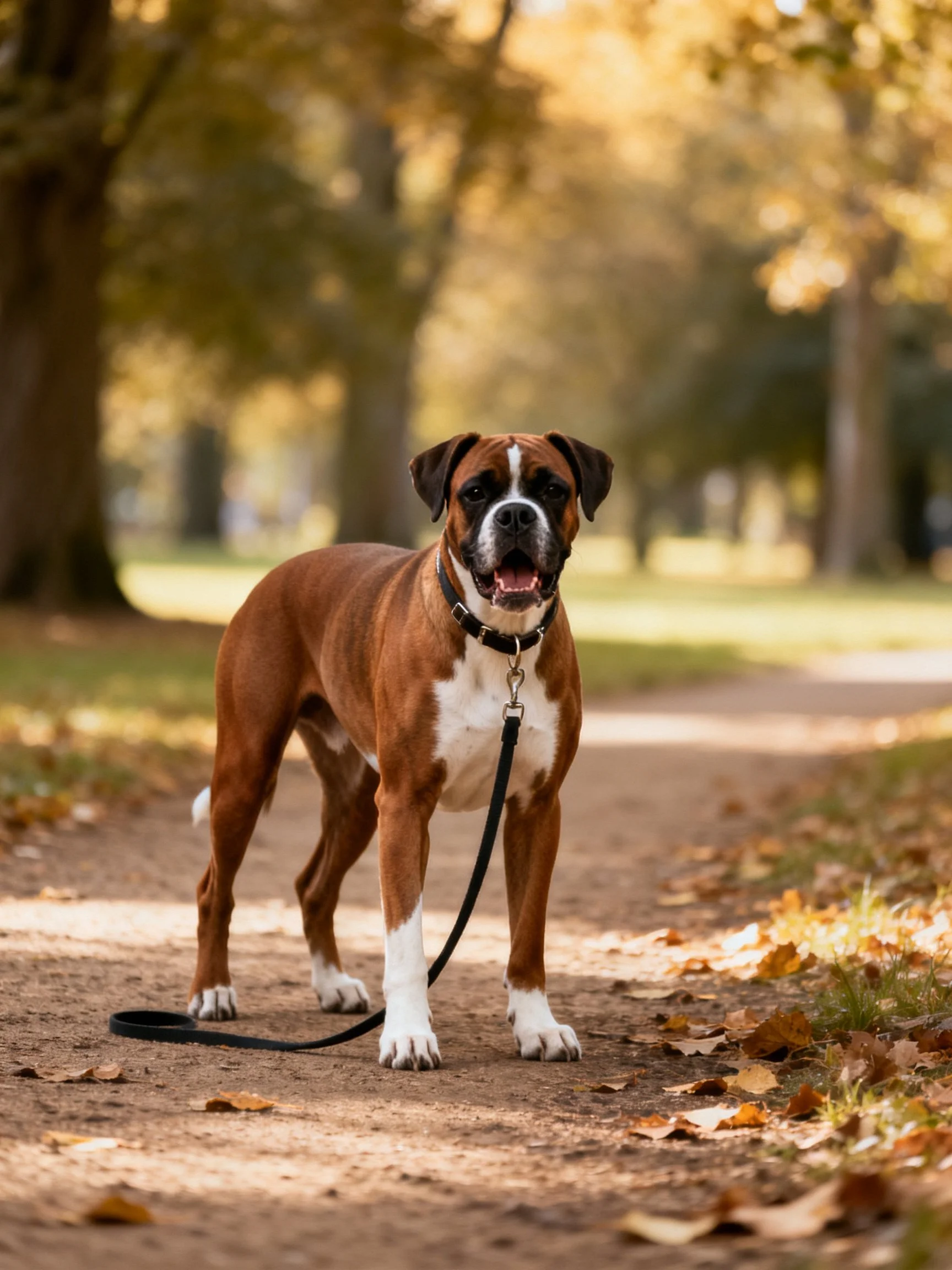 A brown and white Boxer dog stands on a leaf-strewn park path