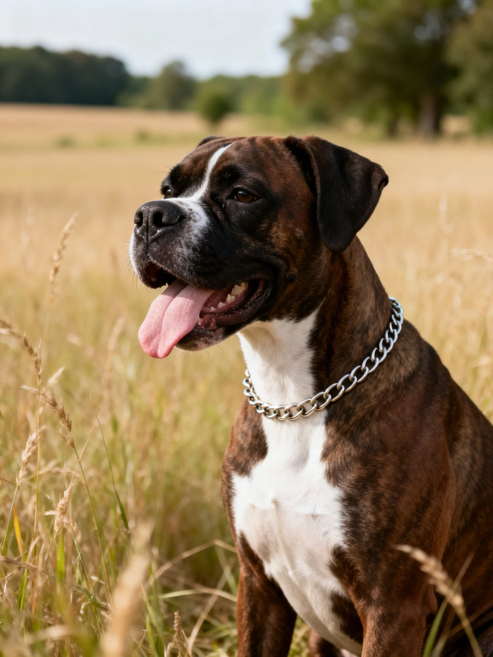 A brown and white Boxer dog with a silver chain collar in a golden field