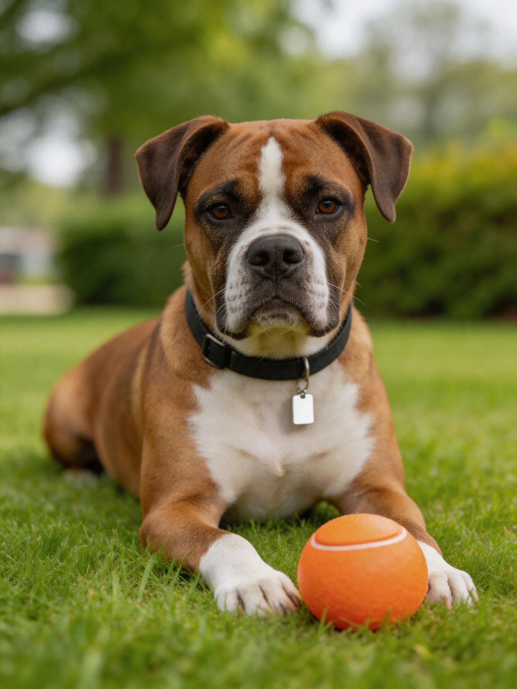 A brown and white Boxer lies next to an orange ball on green grass