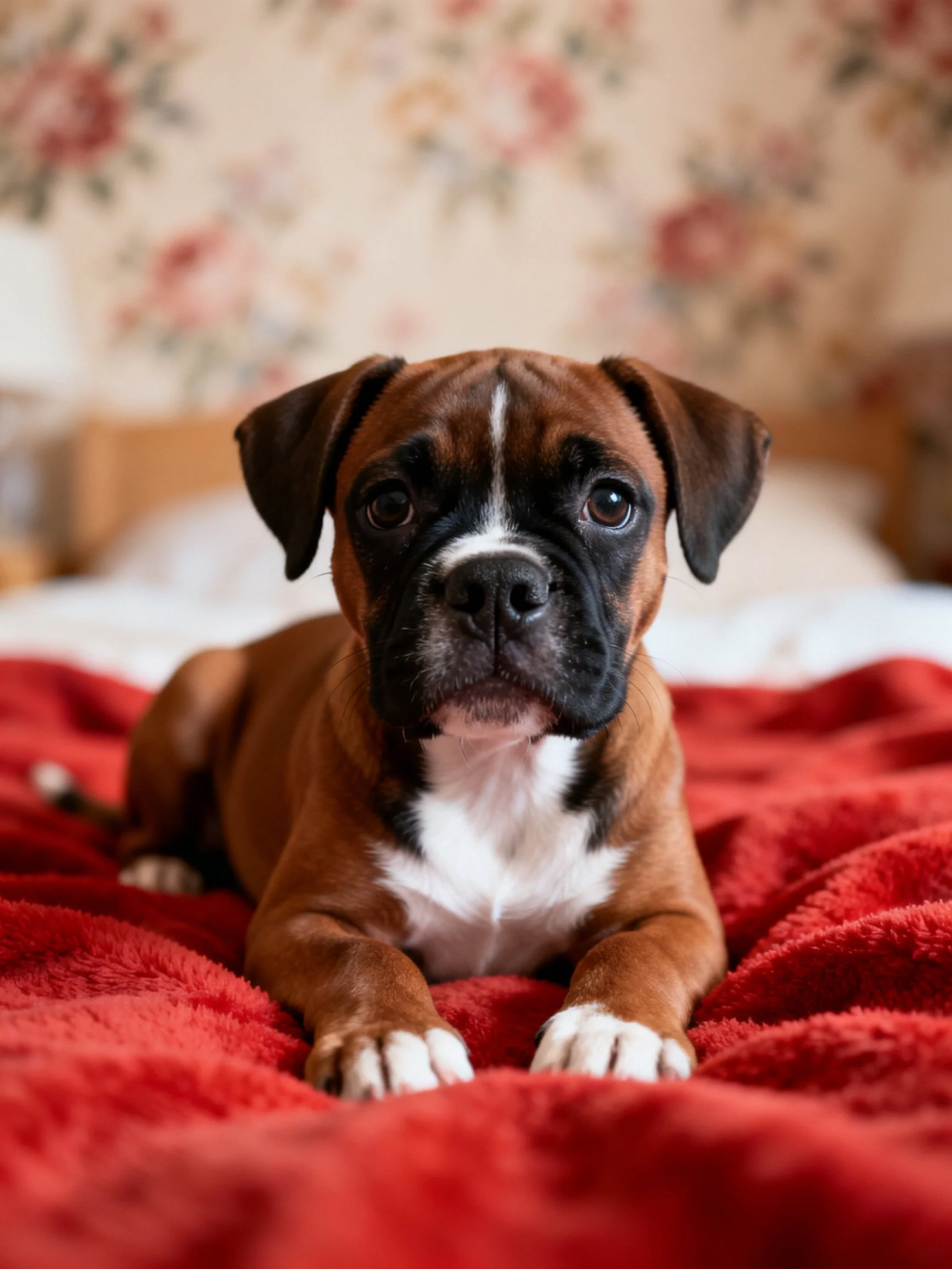 A brown and white Boxer puppy rests on a red blanket near floral wallpaper