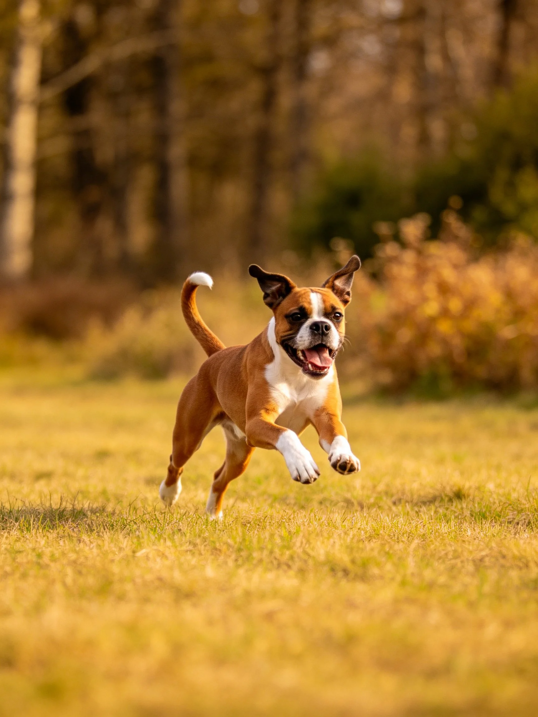 A brown and white Boxer puppy runs energetically on golden grass