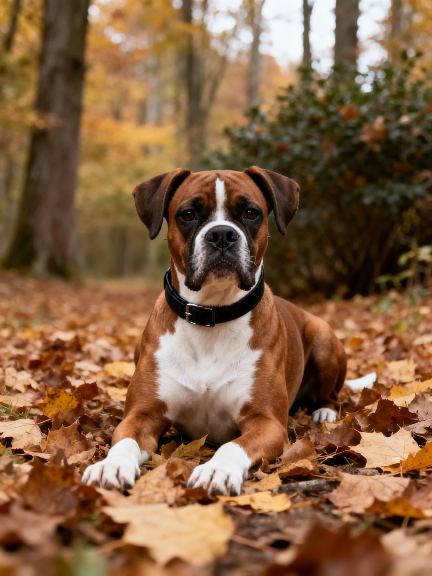 A brown and white Boxer rests among golden autumn leaves in a wooded area.