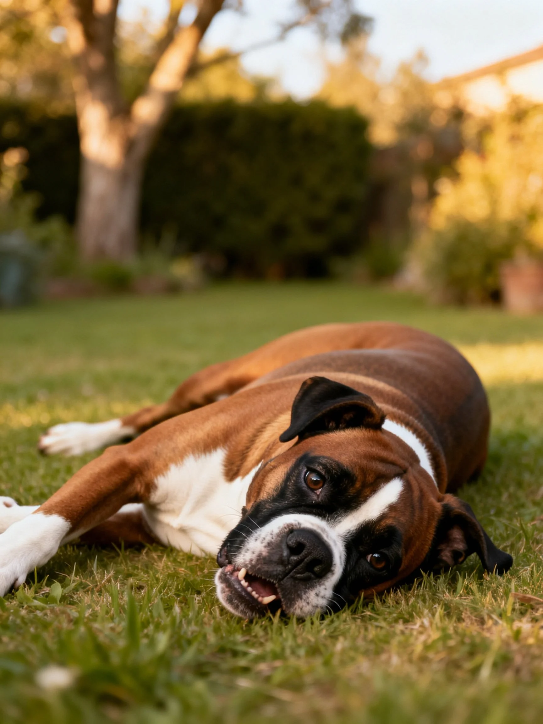 A brown and white Boxer rests on sunlit green grass