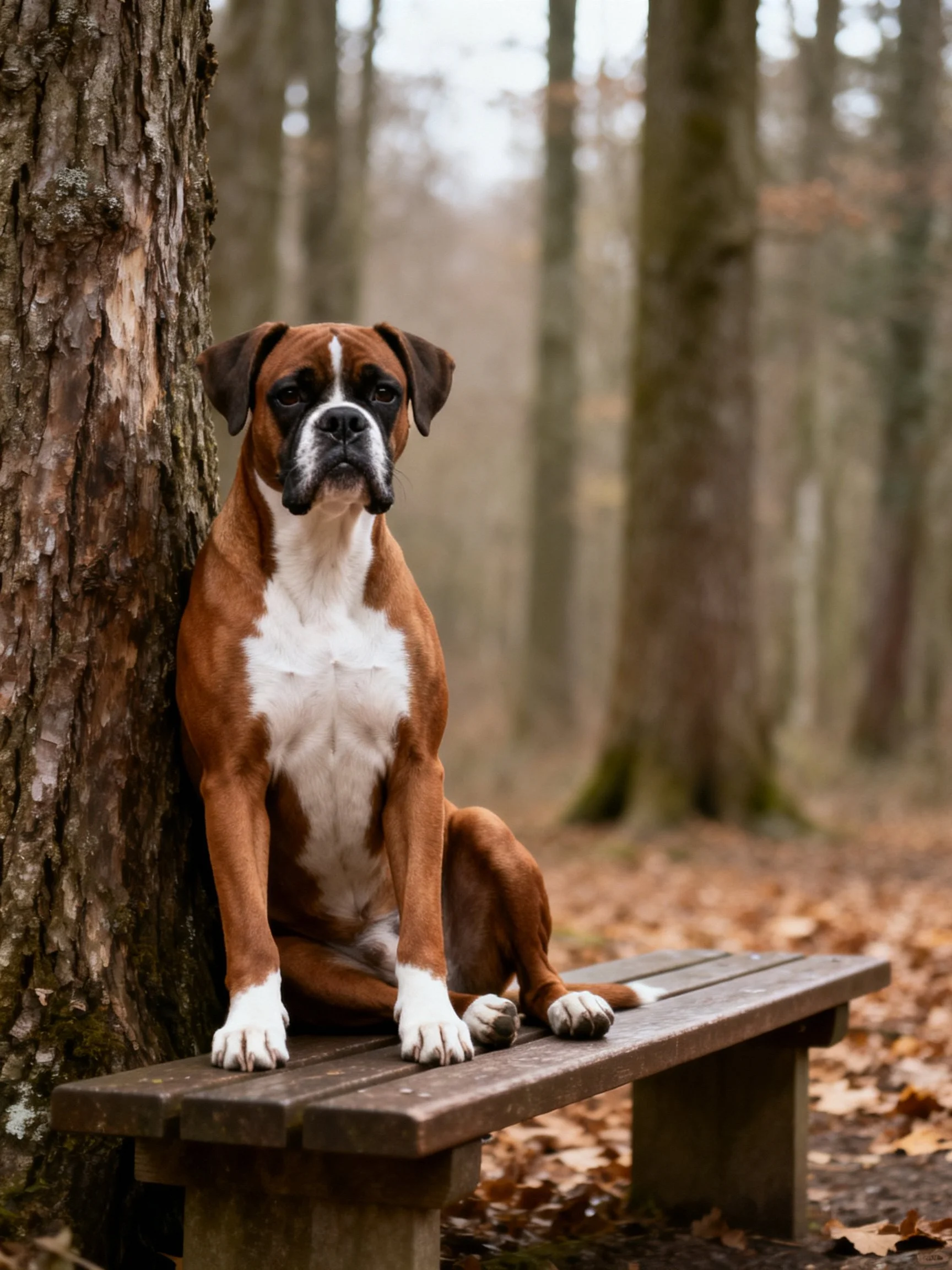 A brown and white Boxer sits on a wooden bench near a tree in autumn woods