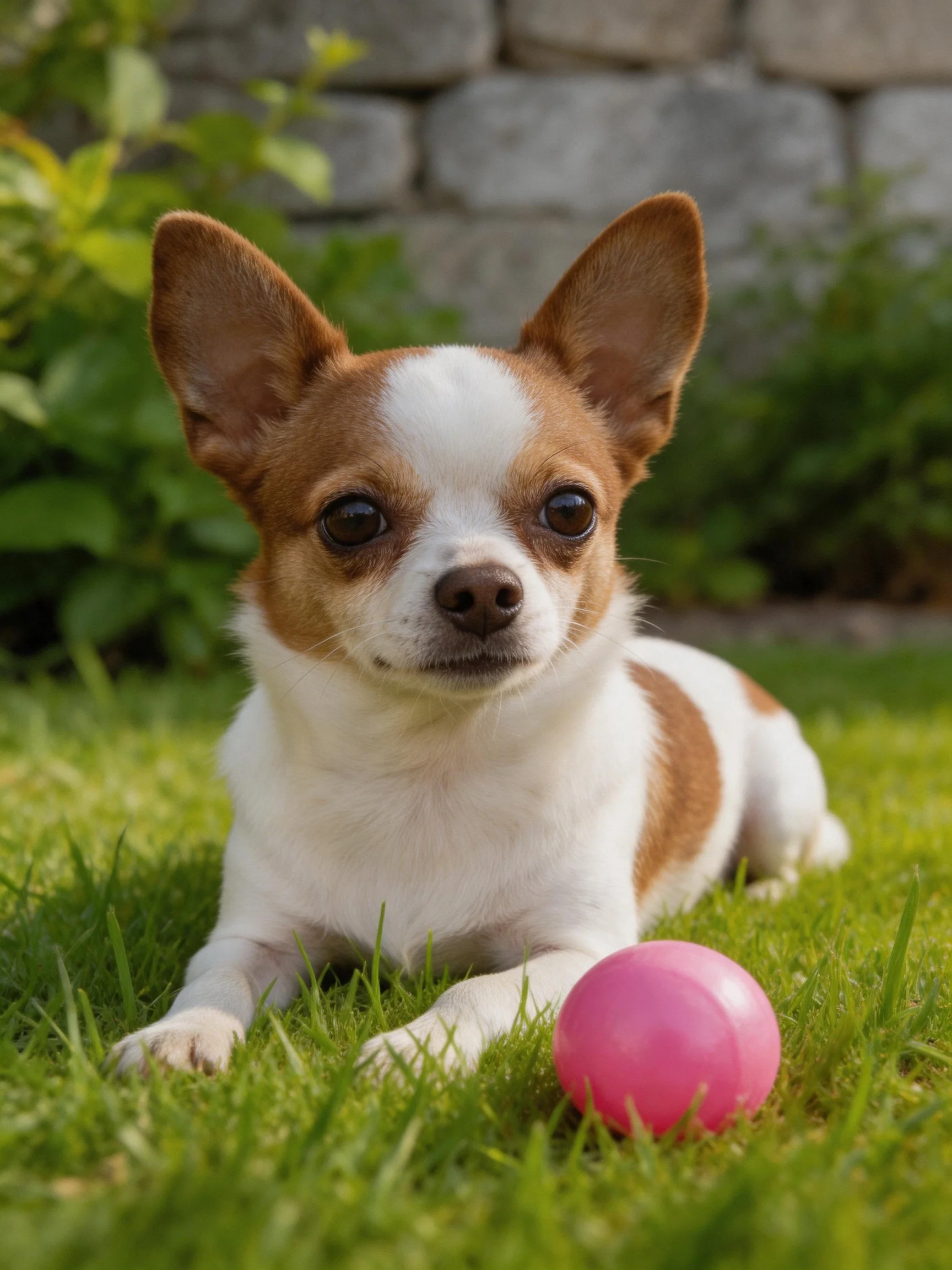 A Chihuahua relaxes beside a pink ball on grass in a garden.