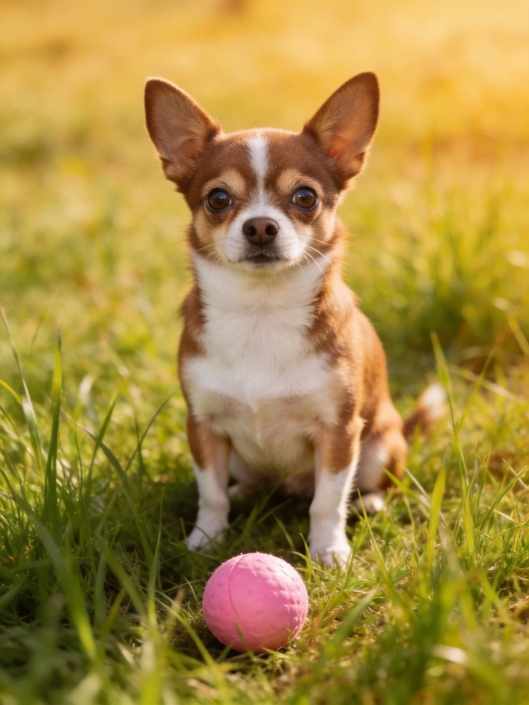 A small dog sits next to a pink ball in a sunlit grassy area.