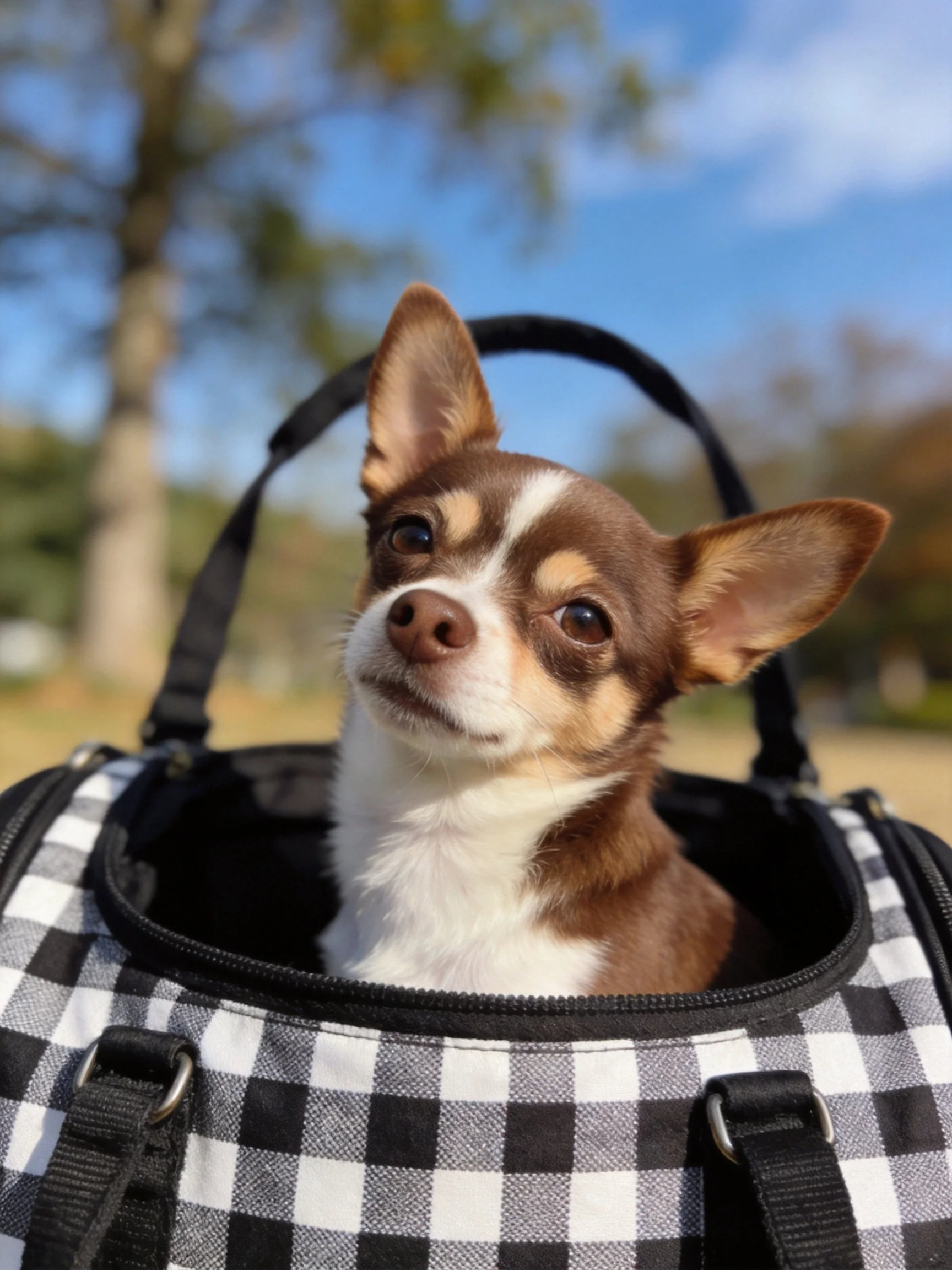 A small brown and white dog rests in a checkered pet bag outdoors.