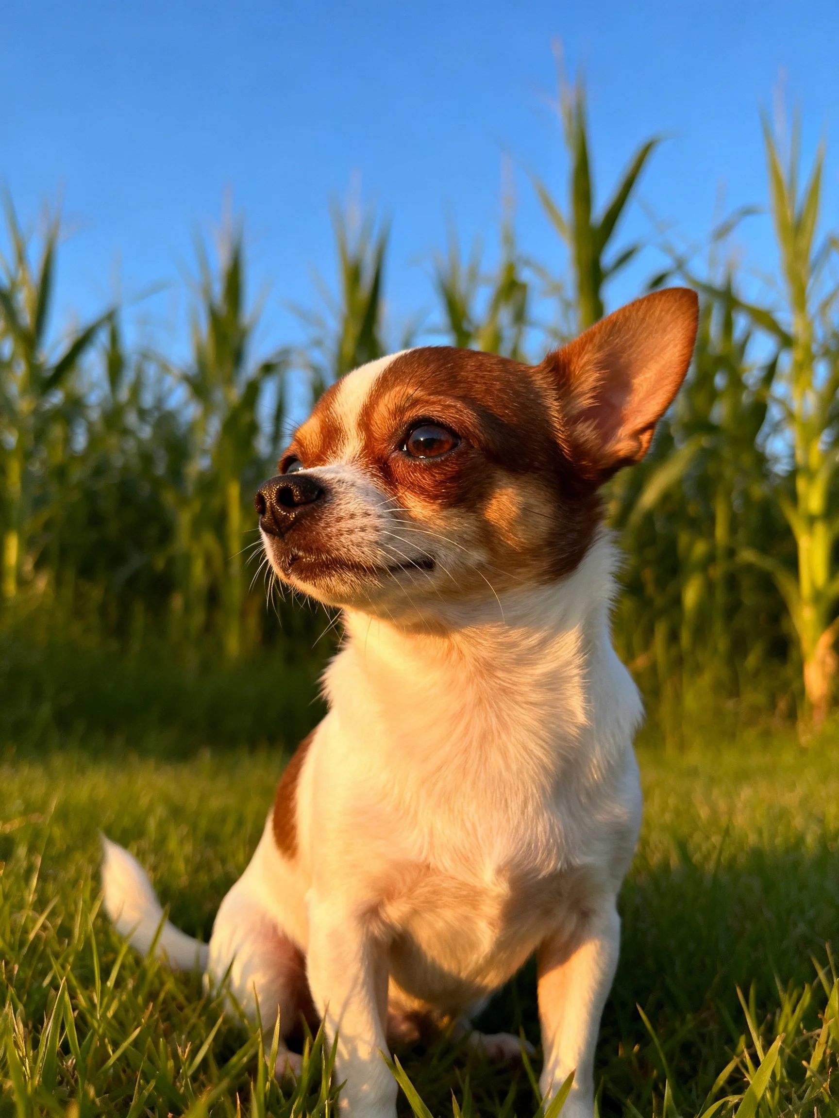A brown and white Chihuahua sits in green grass near tall plants