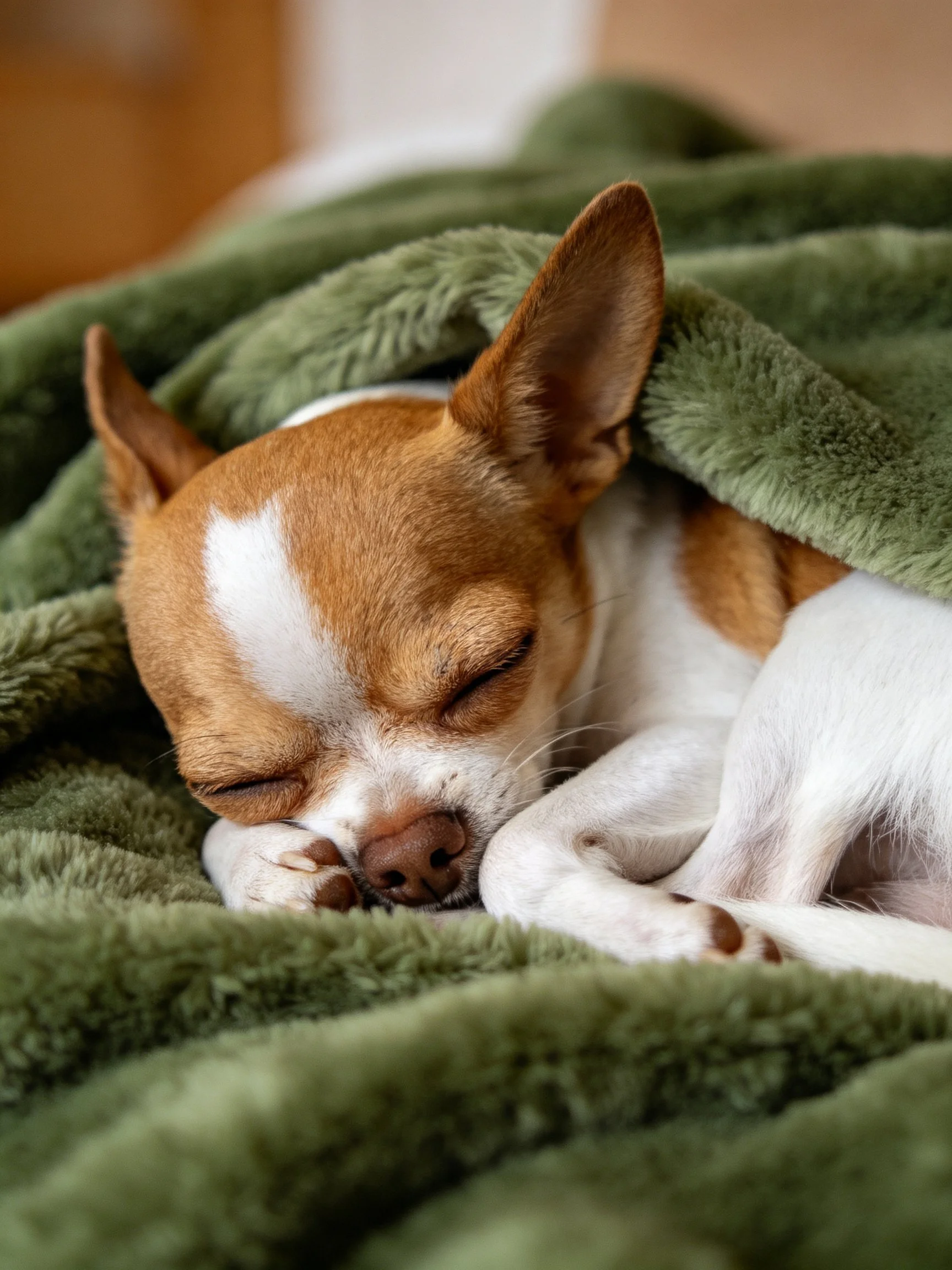 A small dog rests comfortably under a soft green blanket.