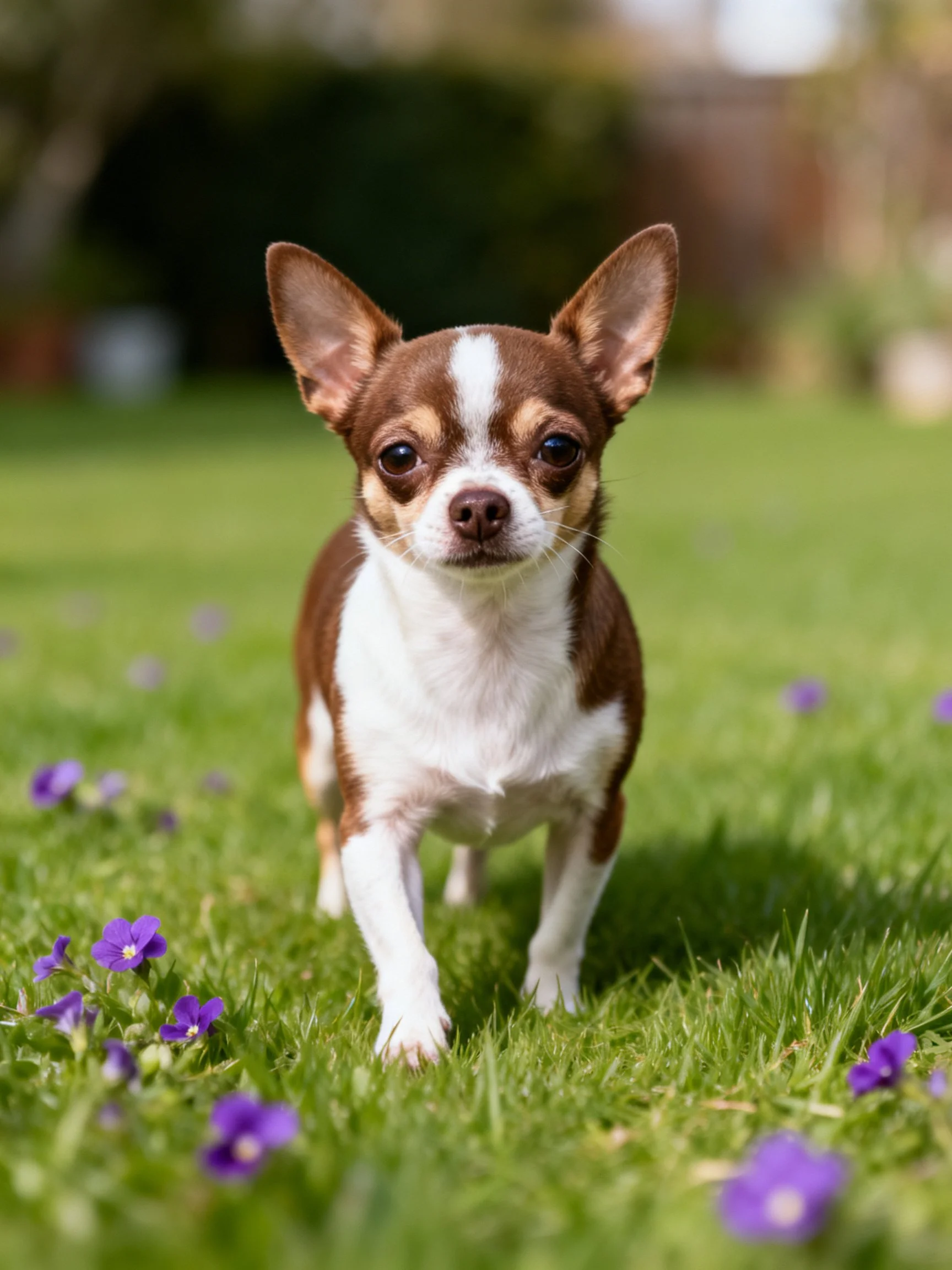A small brown and white dog walks on green grass near purple flowers.