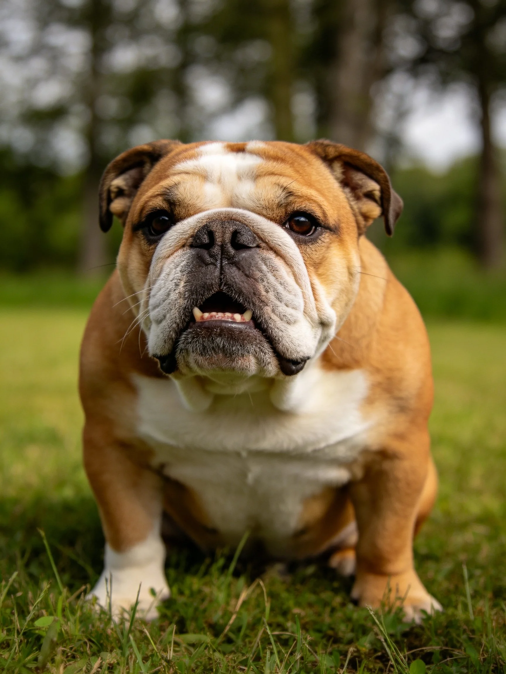 A brown and white English Bulldog sitting on lush green grass