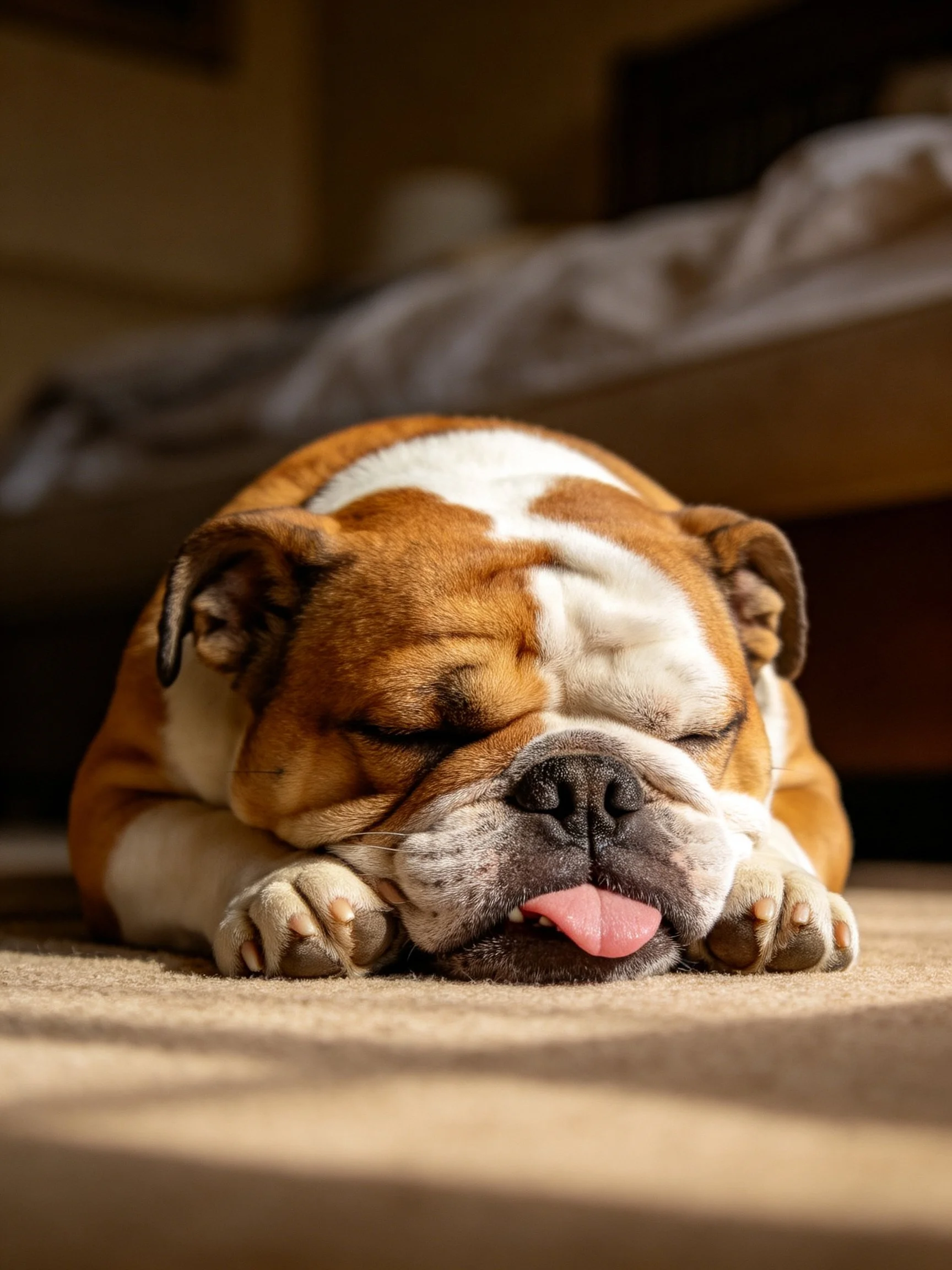 A brown and white English Bulldog sleeps on a carpeted floor