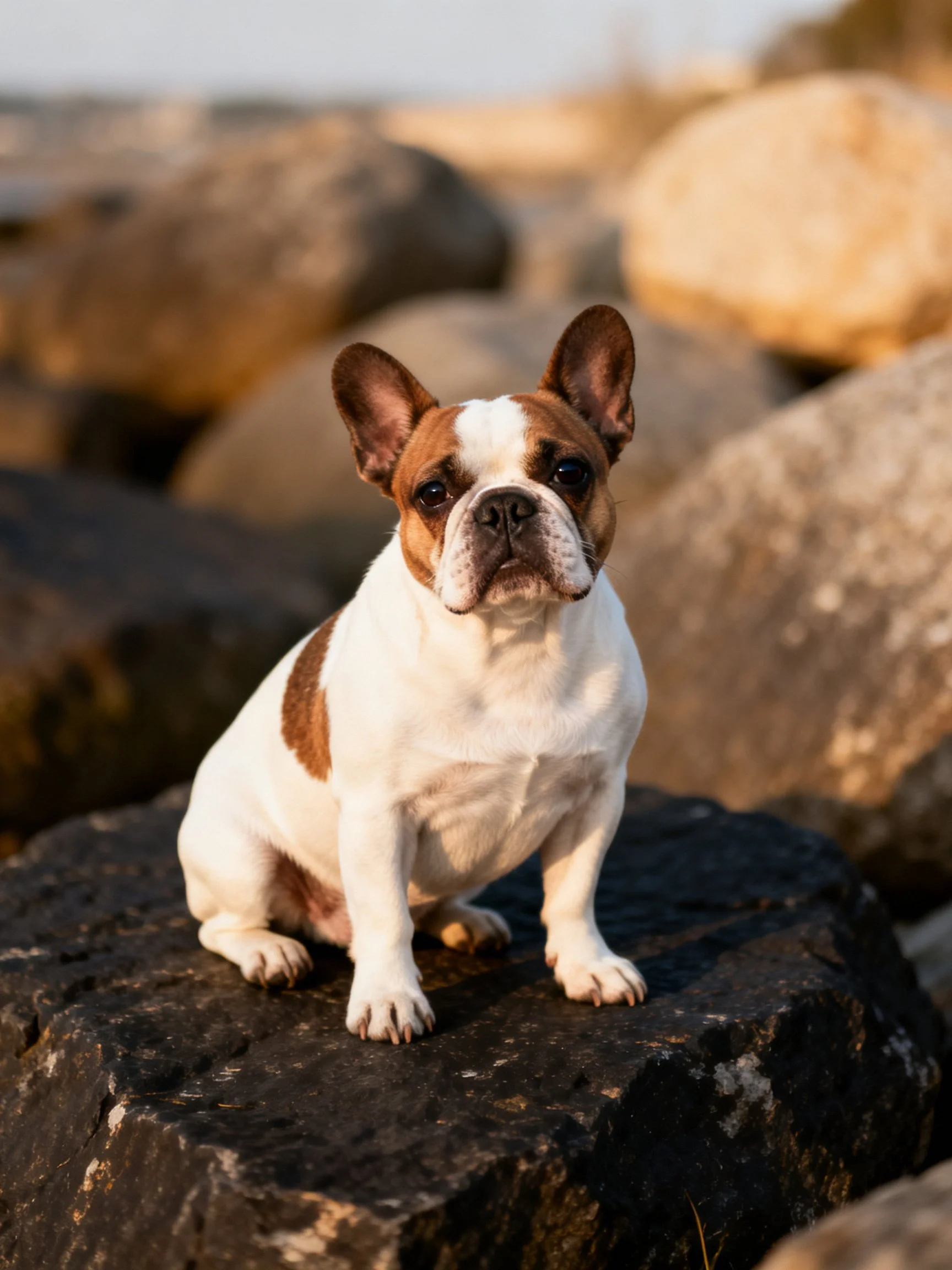 A French Bulldogwith brown and white fur sits on a rock amid large stones.