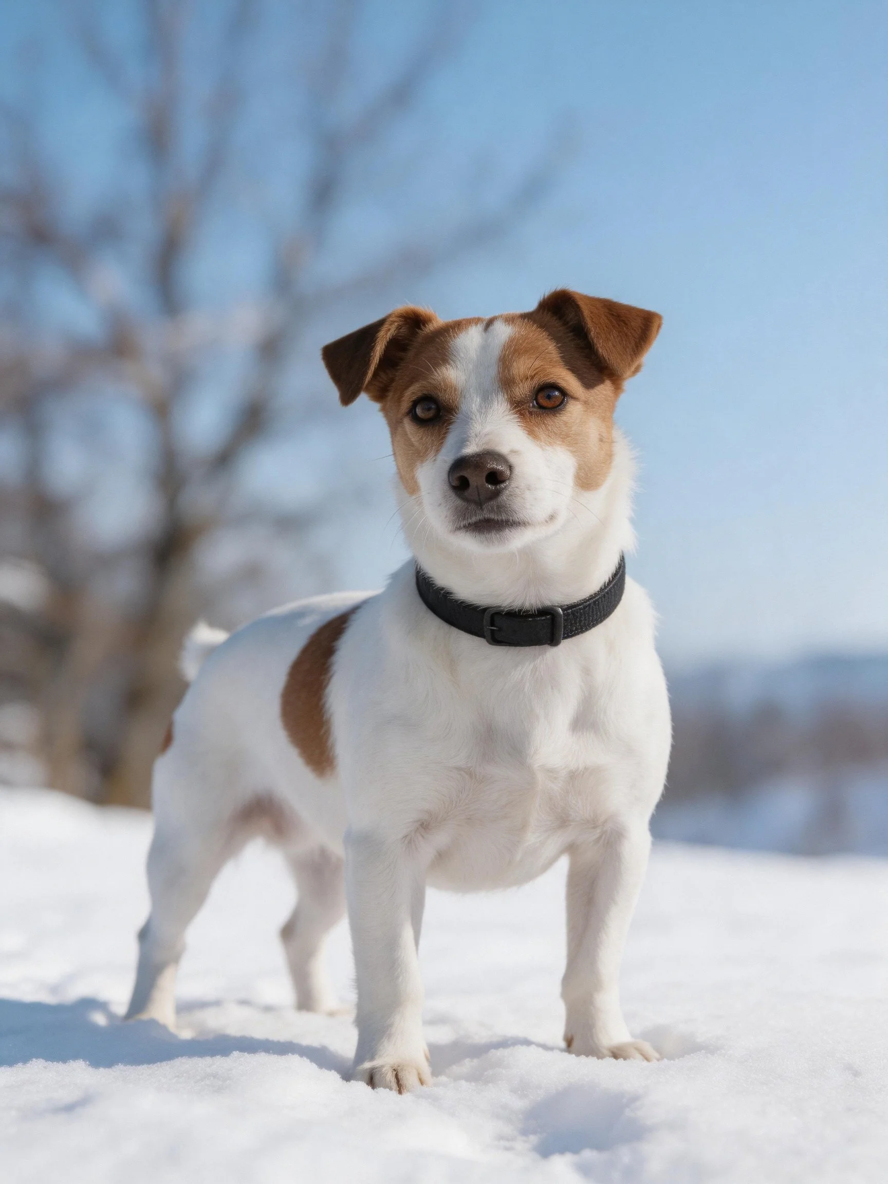A brown and white Jack Russell Terrier stands on snow under a clear blue sky