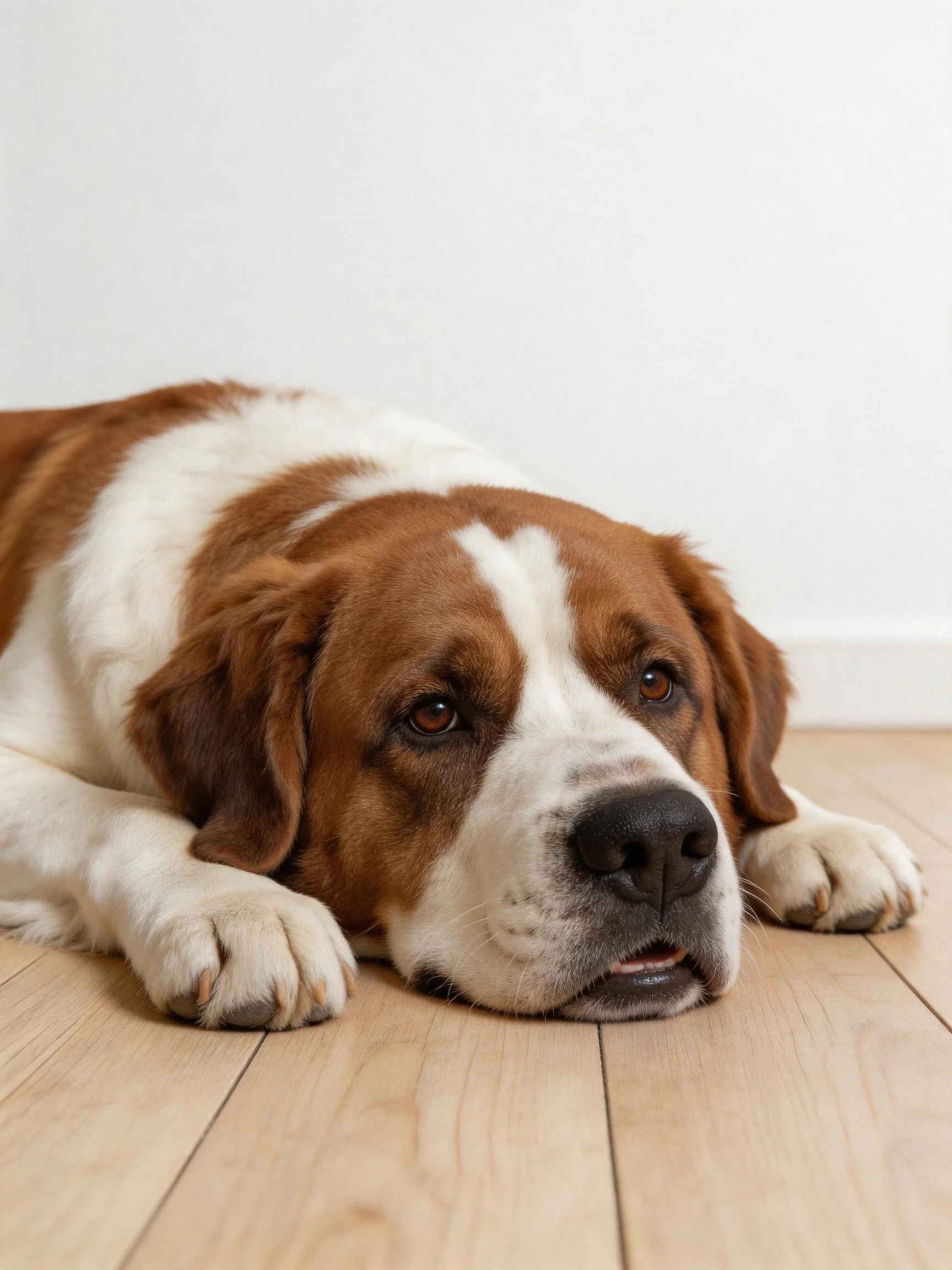 A brown and white Saint Bernard rests on a light wood floor