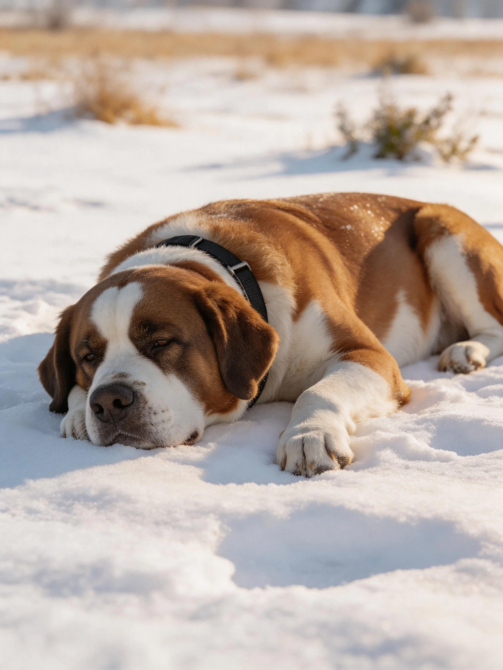A brown and white Saint Bernard rests on snowy ground