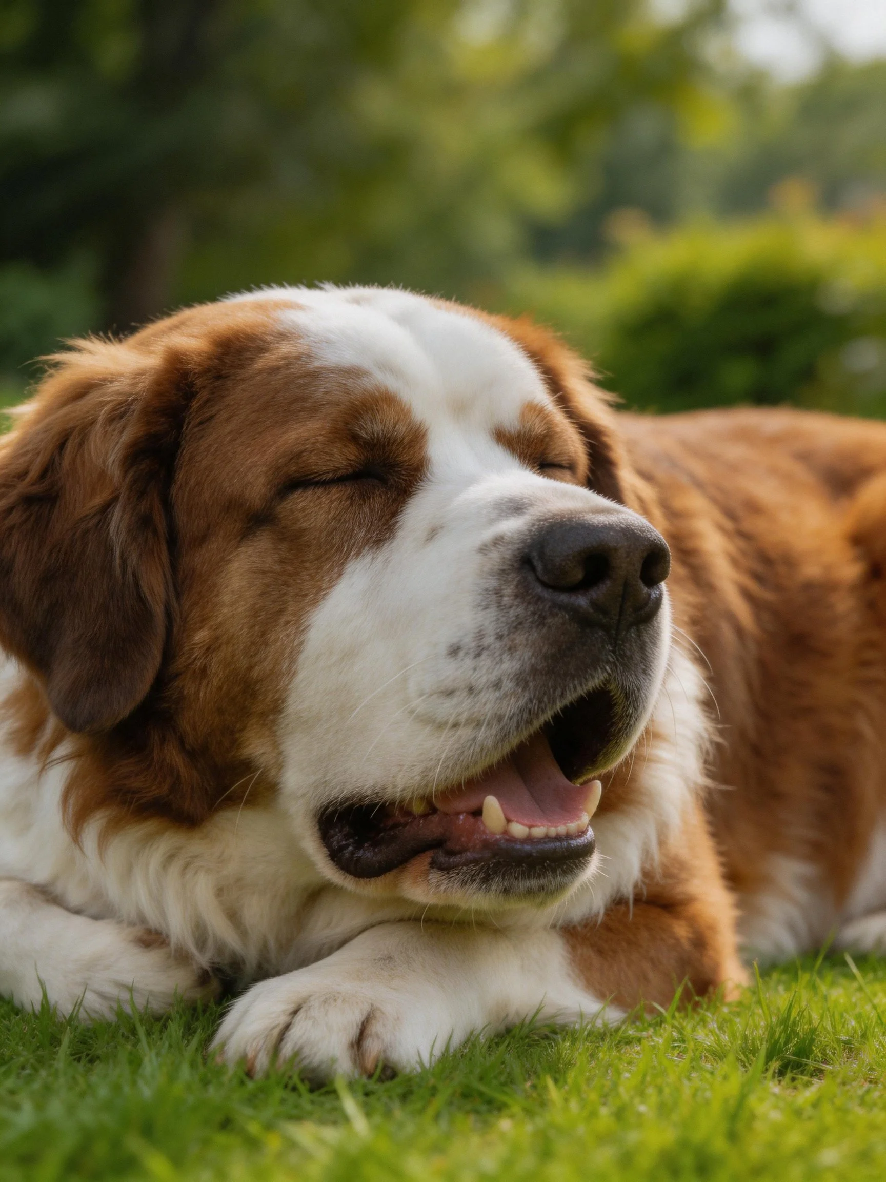 A brown and white Saint Bernard rests peacefully on bright green grass