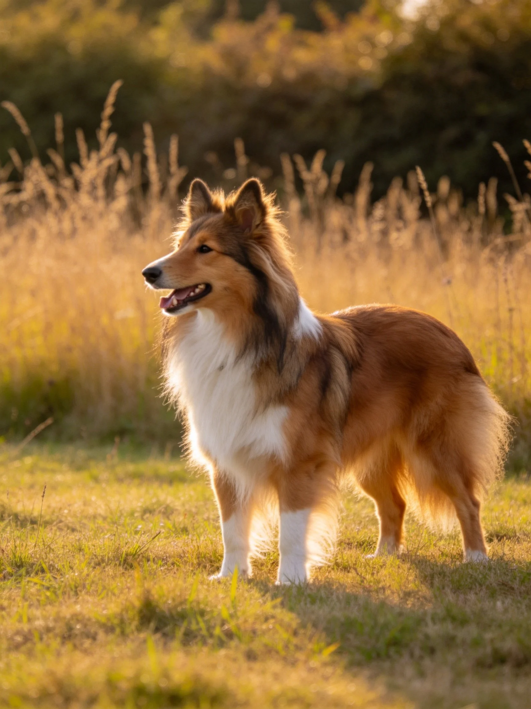 A Sheltie dog stands alertly in a sunlit meadow with tall grasses