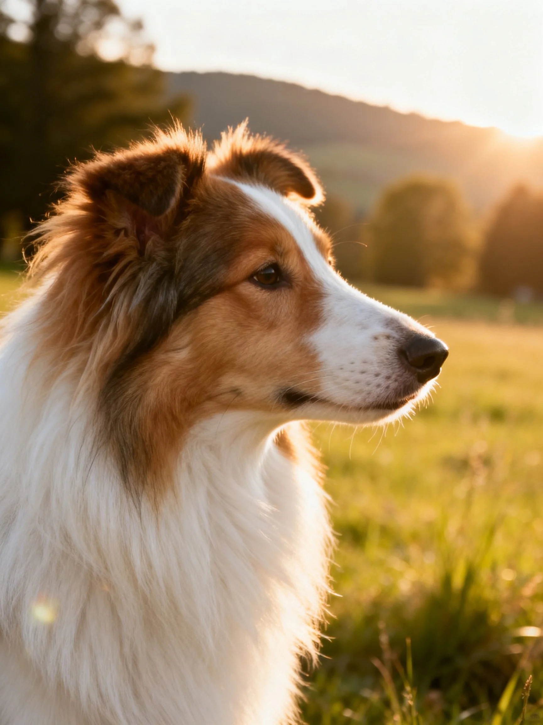 A brown and white Sheltie in a sunlit meadow at golden hour