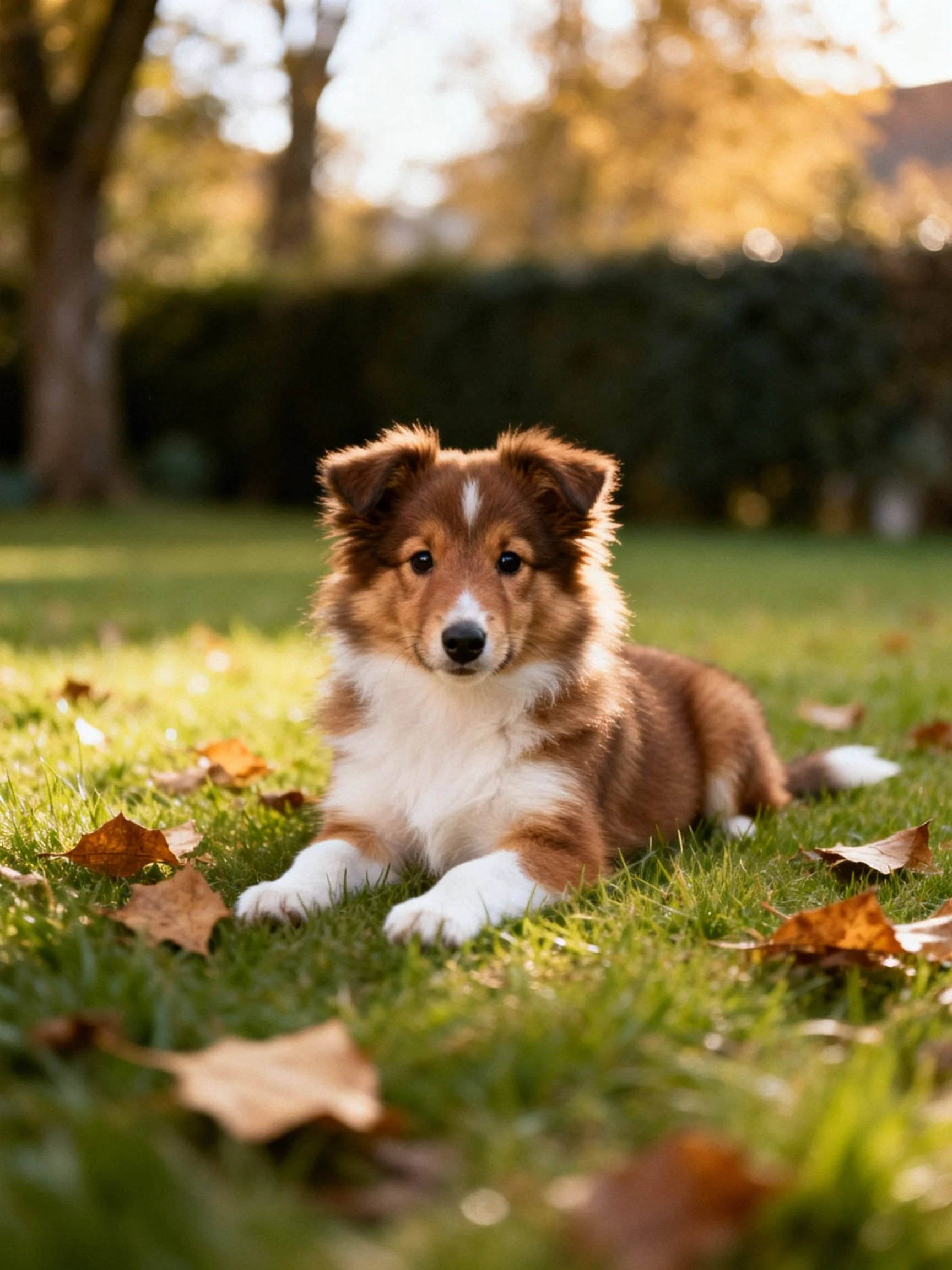 A Sheltie puppy lies calmly on grass surrounded by fallen autumn leaves in a sunlit outdoor space.