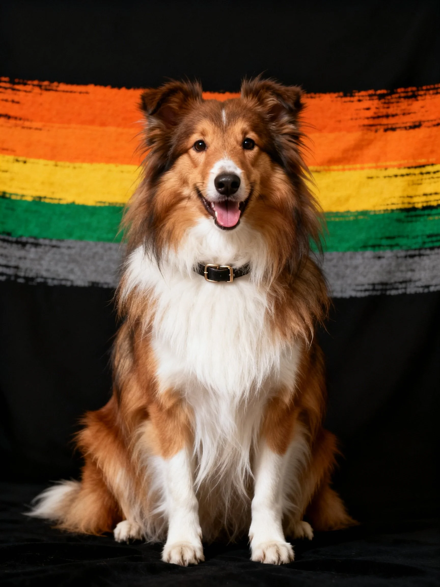 A brown and white Sheltie sits before vibrant rainbow stripes