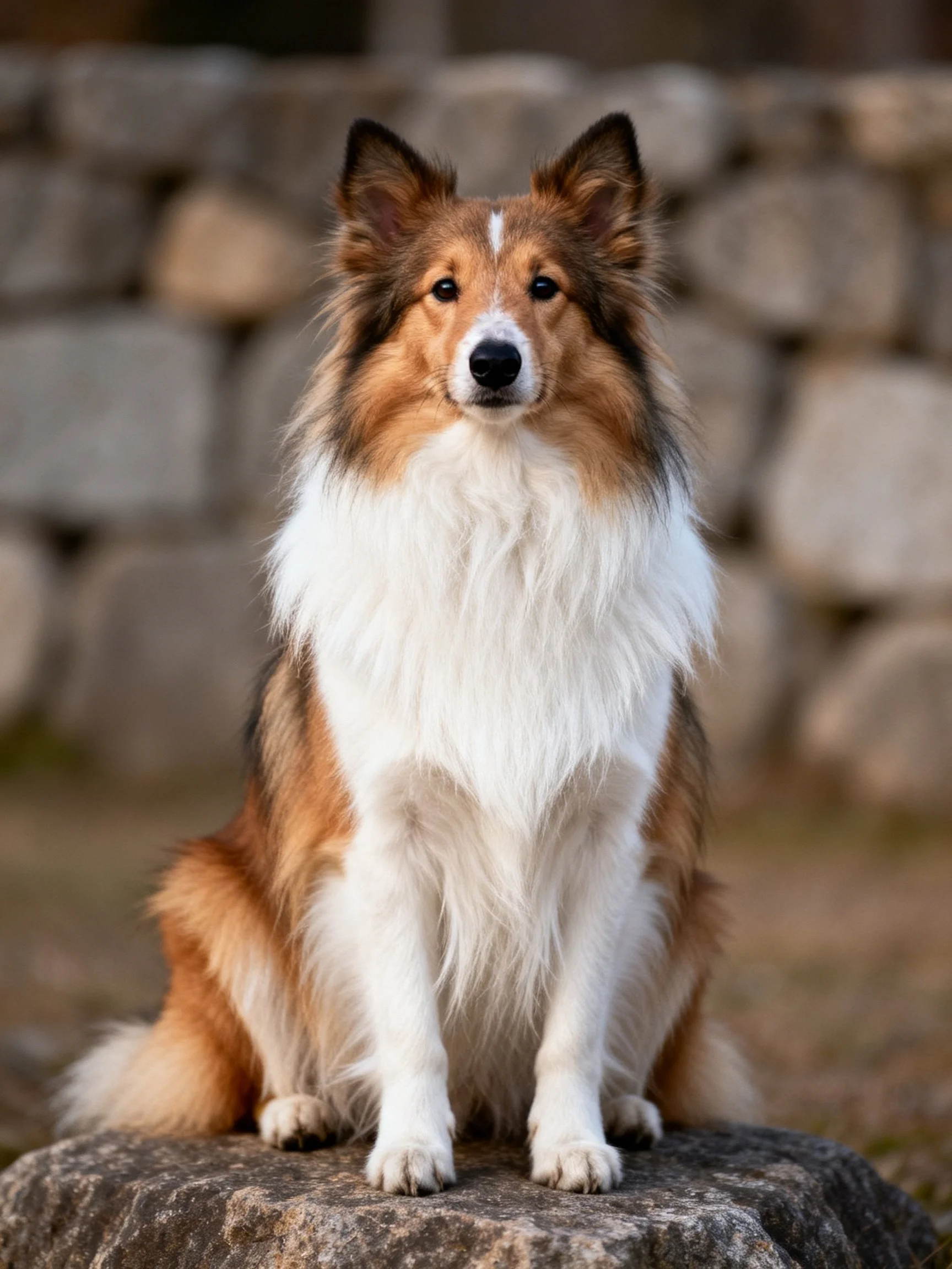 A brown and white Sheltie sits calmly on a rock near a stone wall.