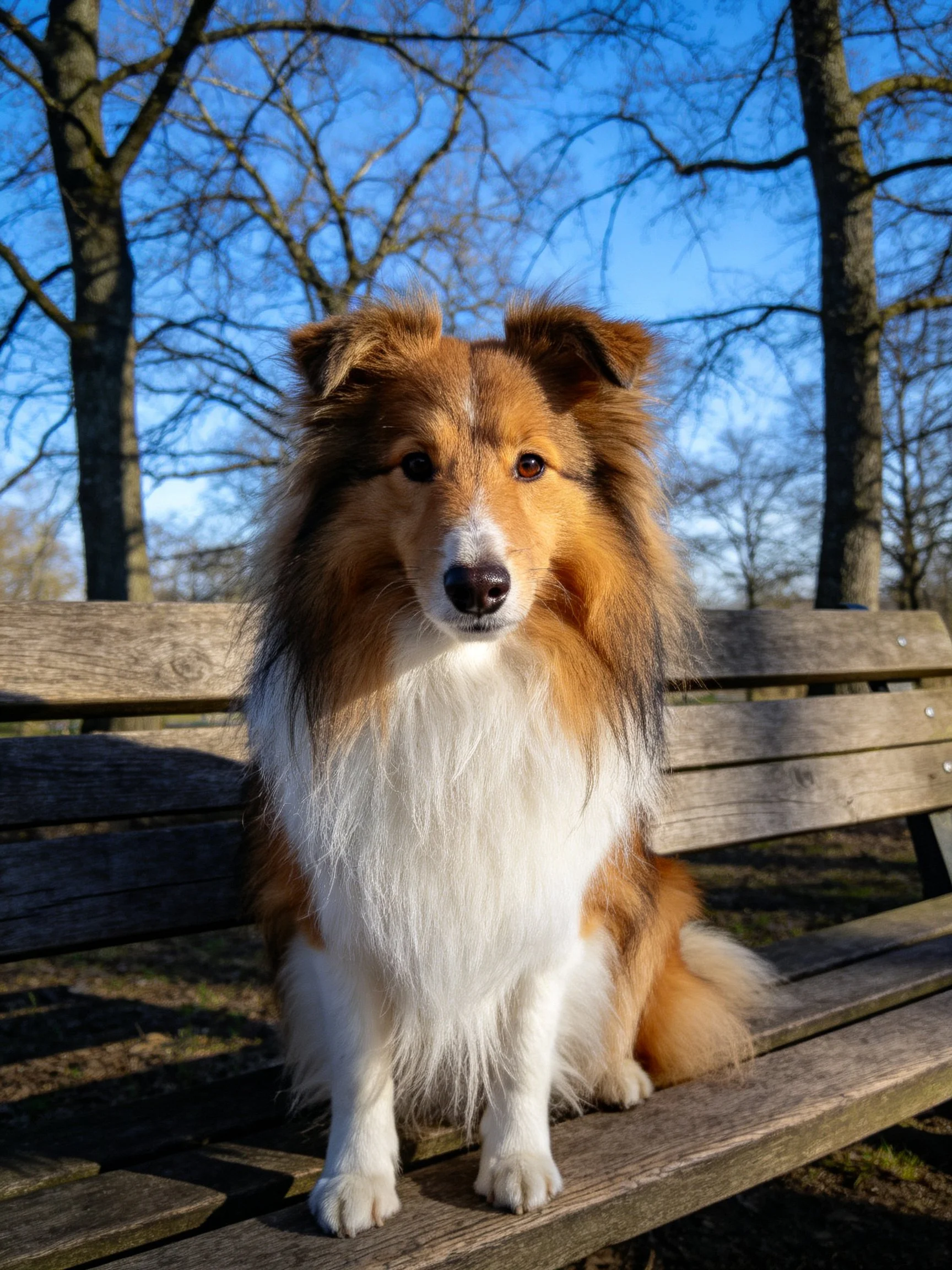 A brown and white Sheltie sits on a weathered wooden bench in a sunny park