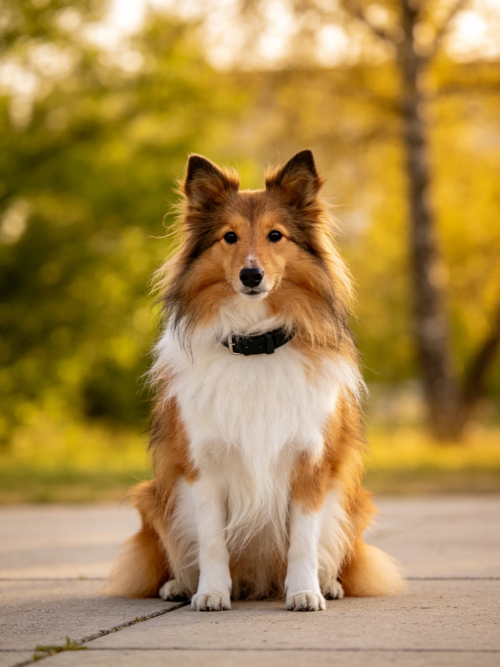 A brown and white Sheltie sits calmly on pavement with golden trees in the background.
