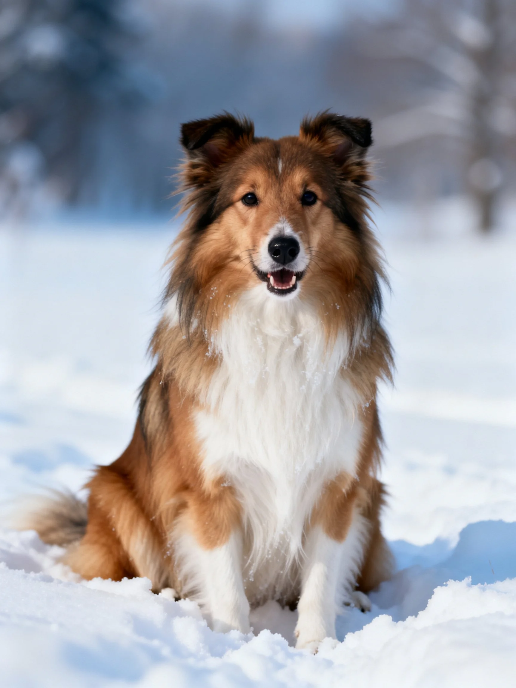 A brown and white Shetland Sheepdog sits in a snowy landscape