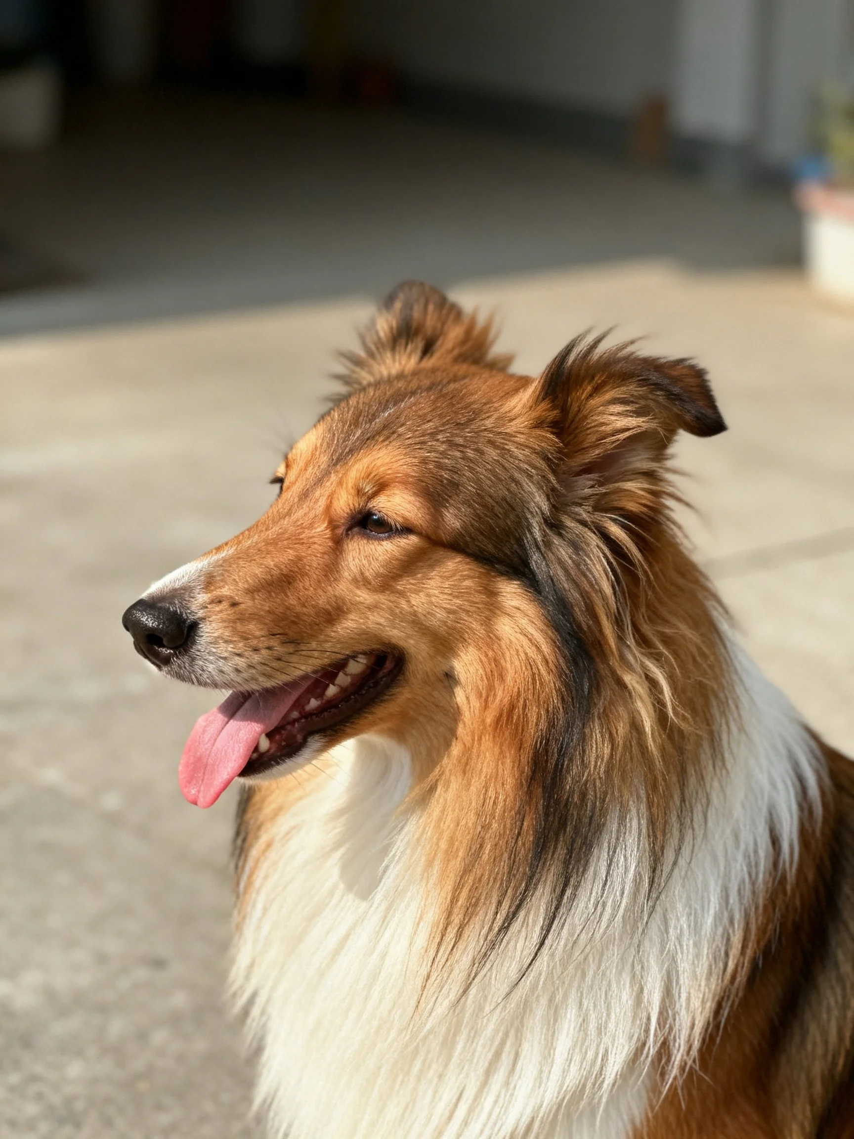A brown and white Shetland Sheepdog with flowing fur