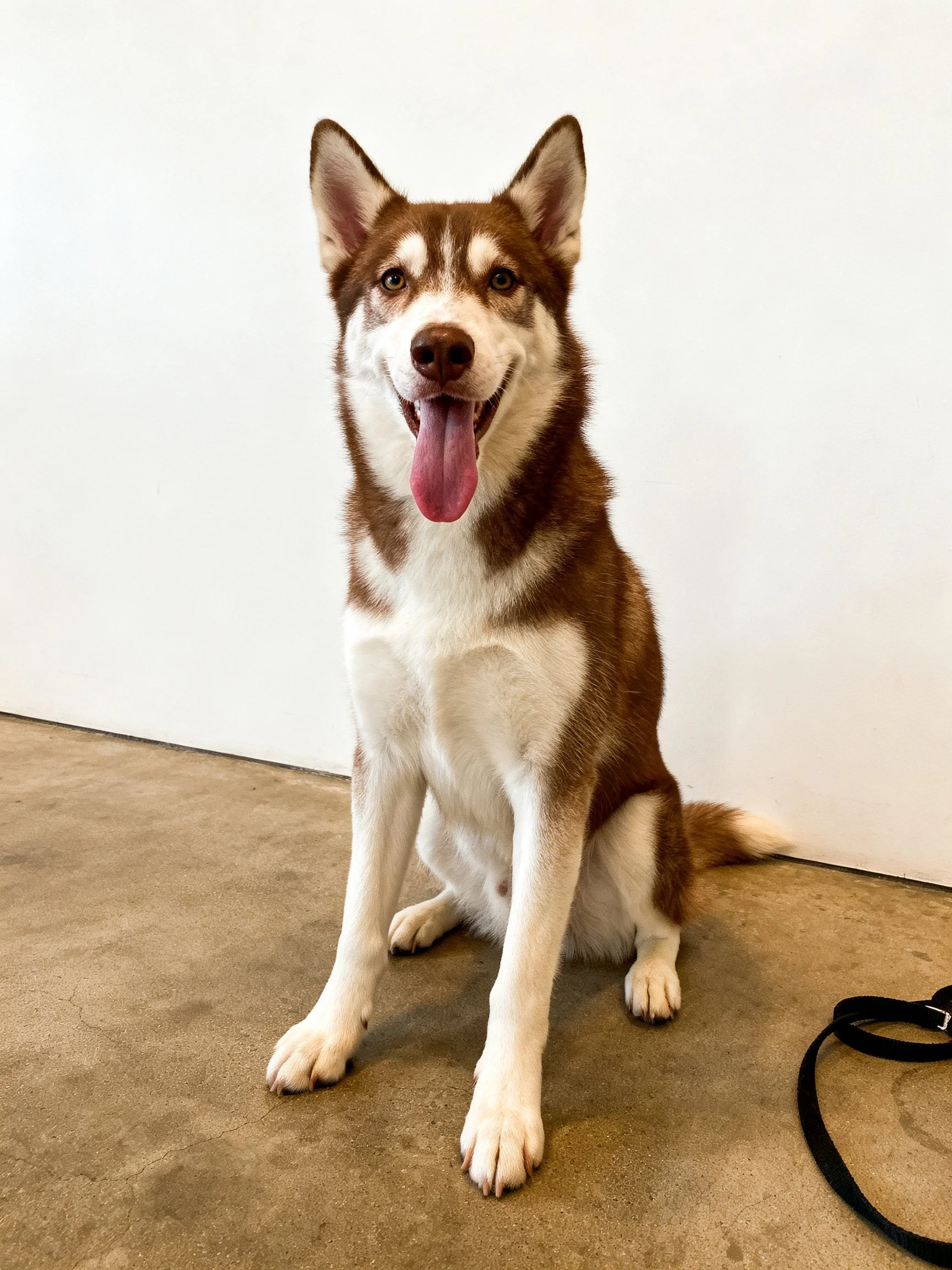 A brown and white Siberian Husky sits happily near a plain wall.