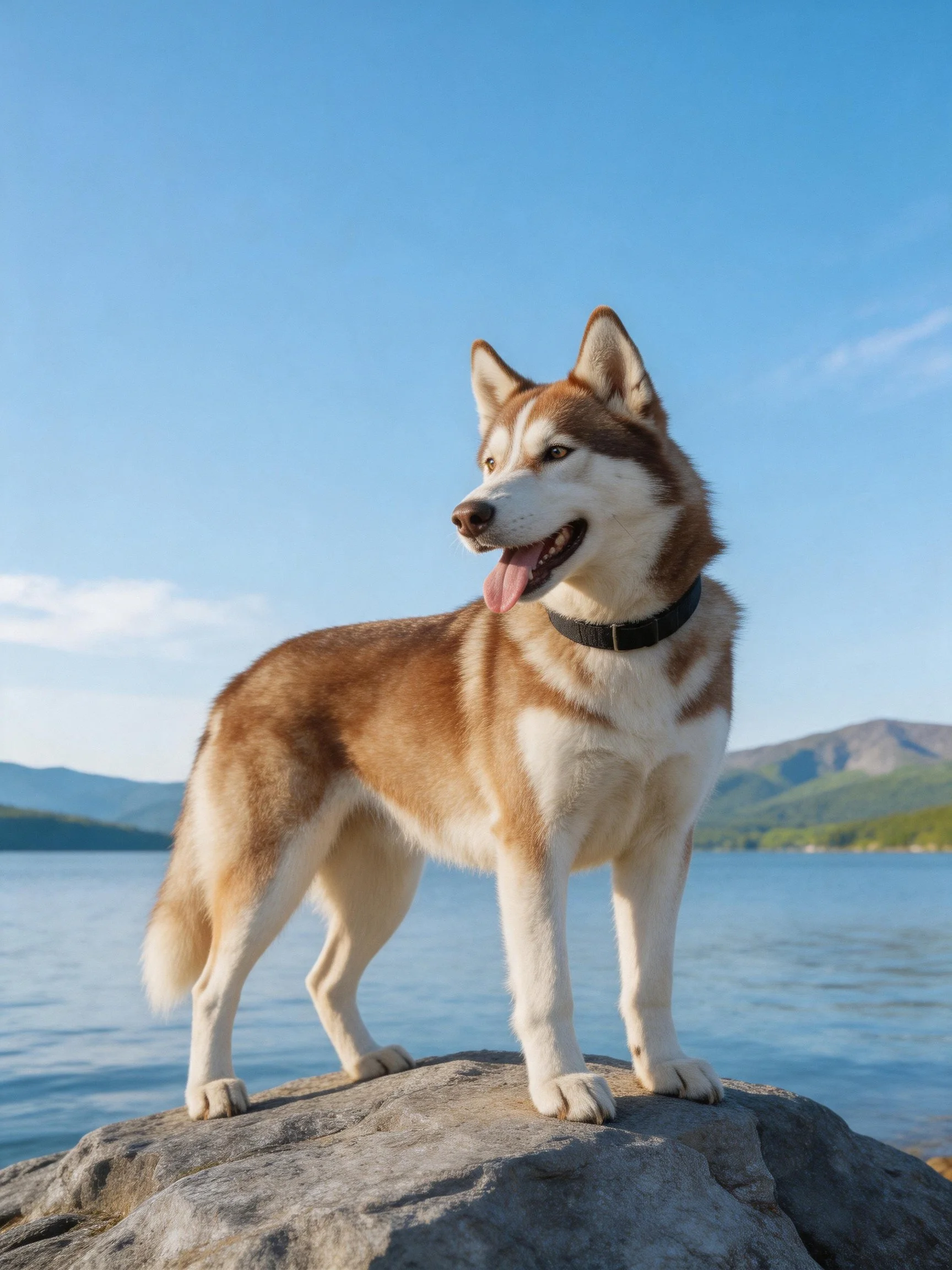 A Siberian Husky with brown and white fur stands on a rock near calm water.
