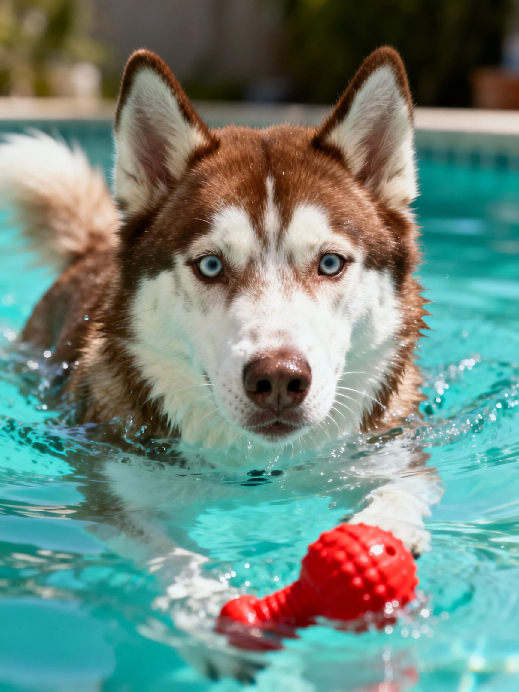 A Siberian Husky swims in a turquoise pool while holding a red toy.