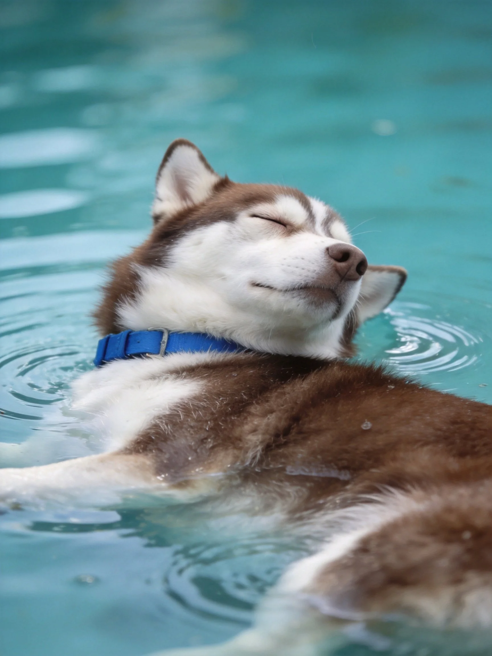 A Siberian Husky relaxes while swimming in clear turquoise water.