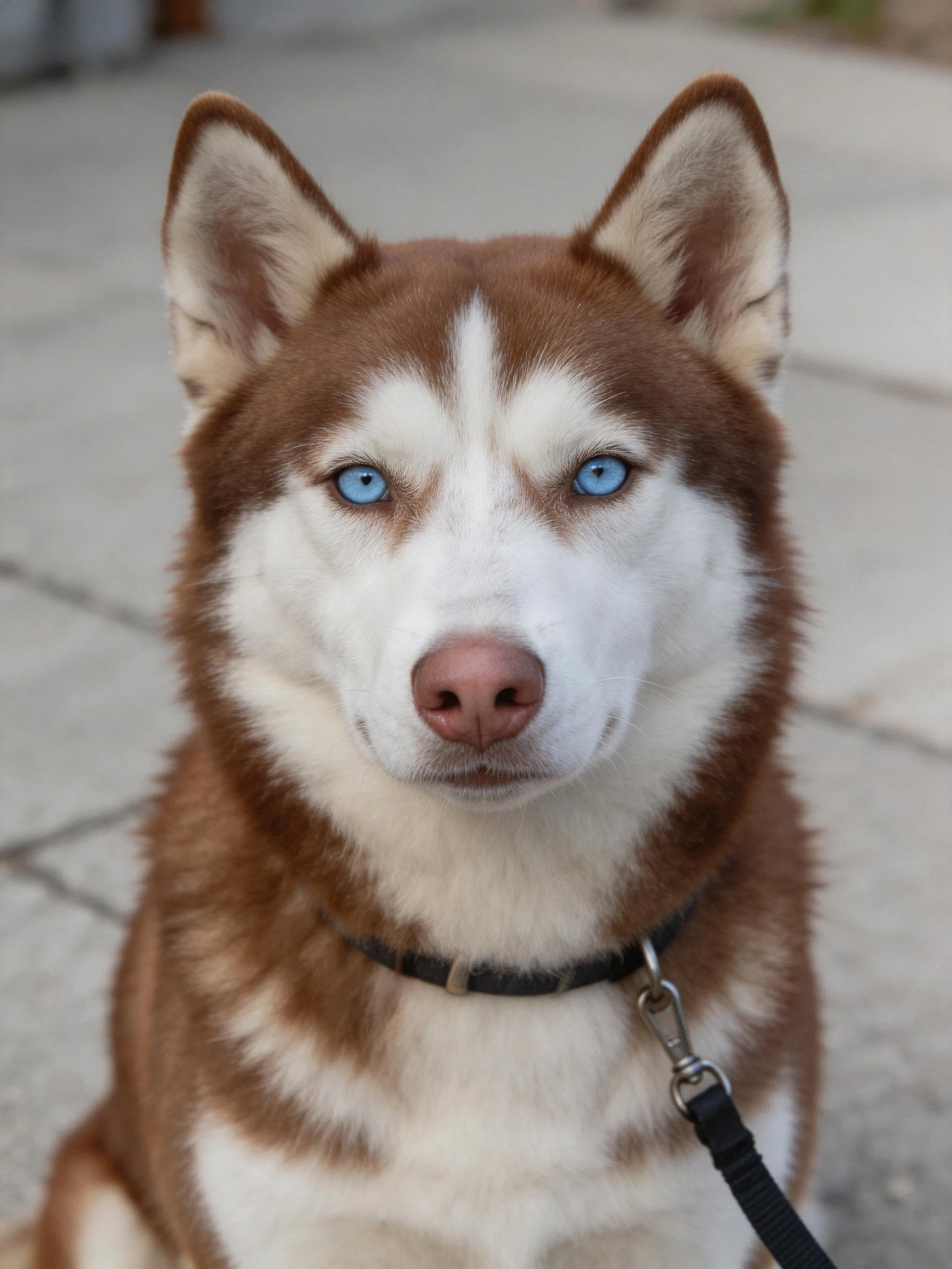 A brown and white Siberian Husky with striking blue eyes and a black collar