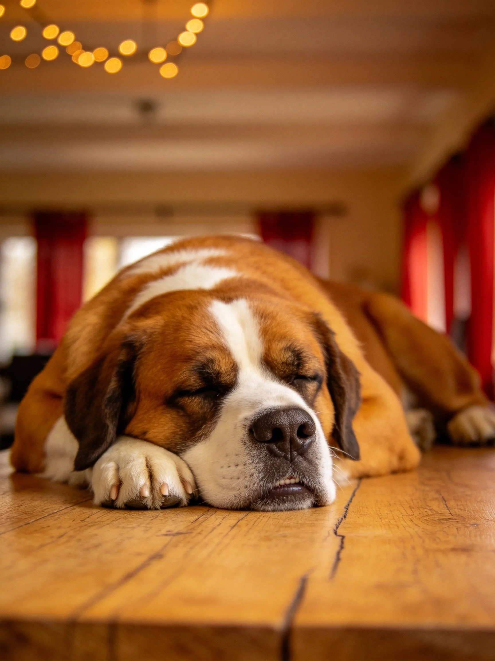A brown and white St. Bernard rests on a wooden table