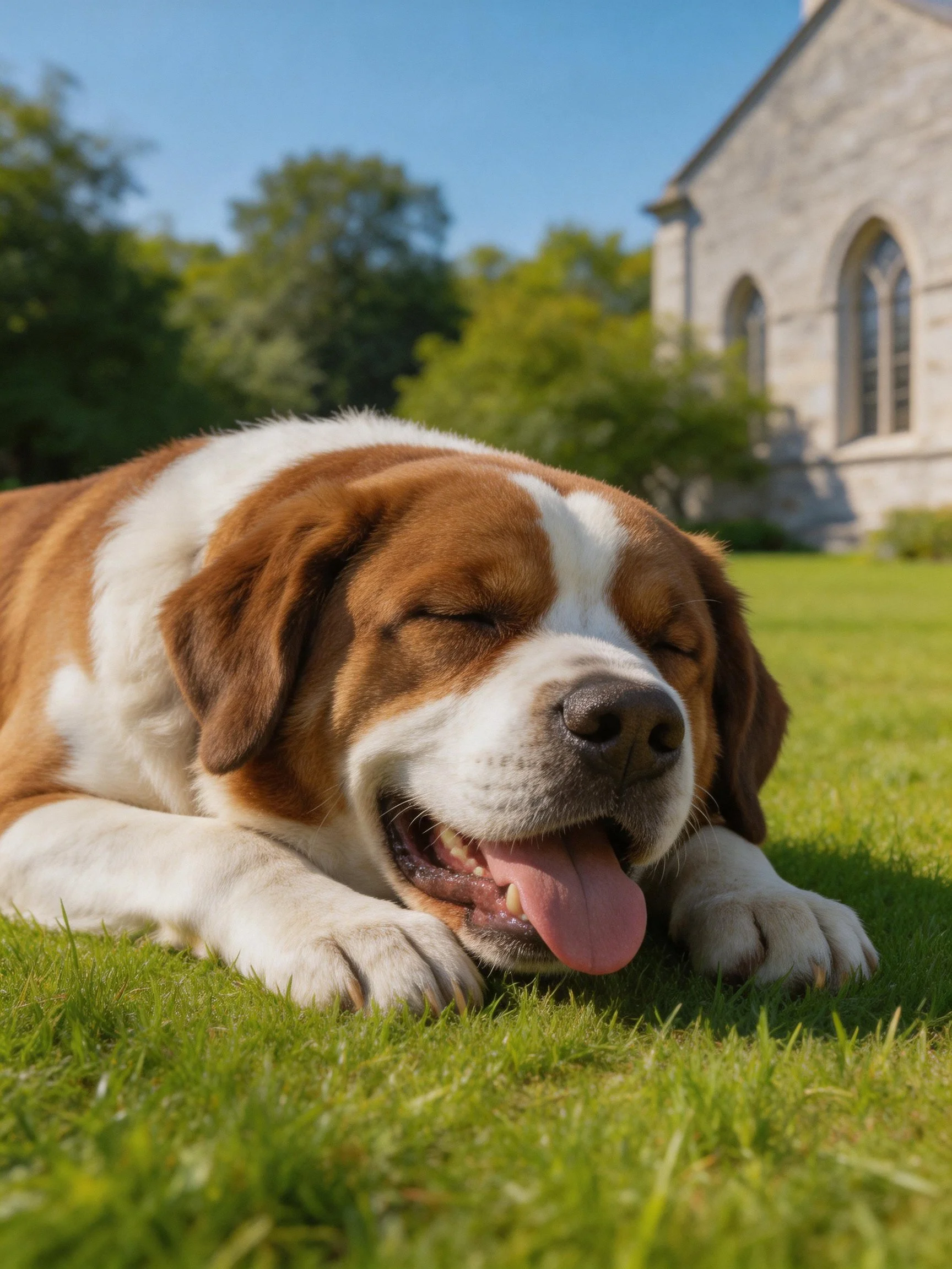 A brown and white St. Bernard rests on lush green grass near a stone building