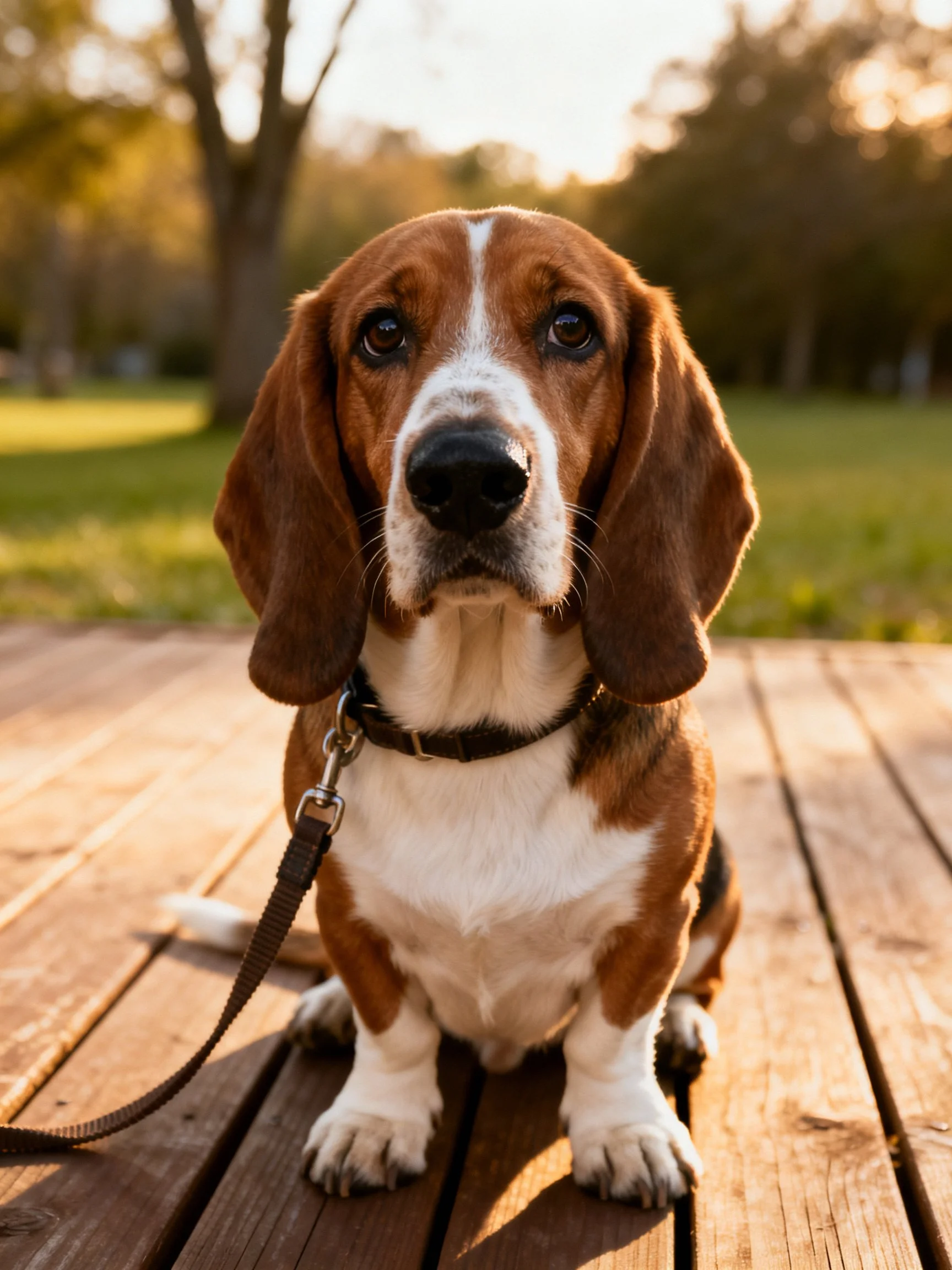 A brown and white basset hound sits on wooden planks in a sunny park