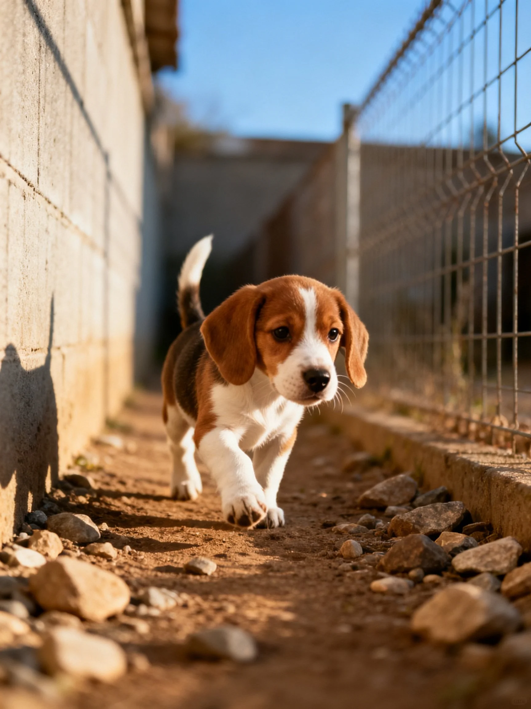 A brown and white beagle puppy walks along a rocky path