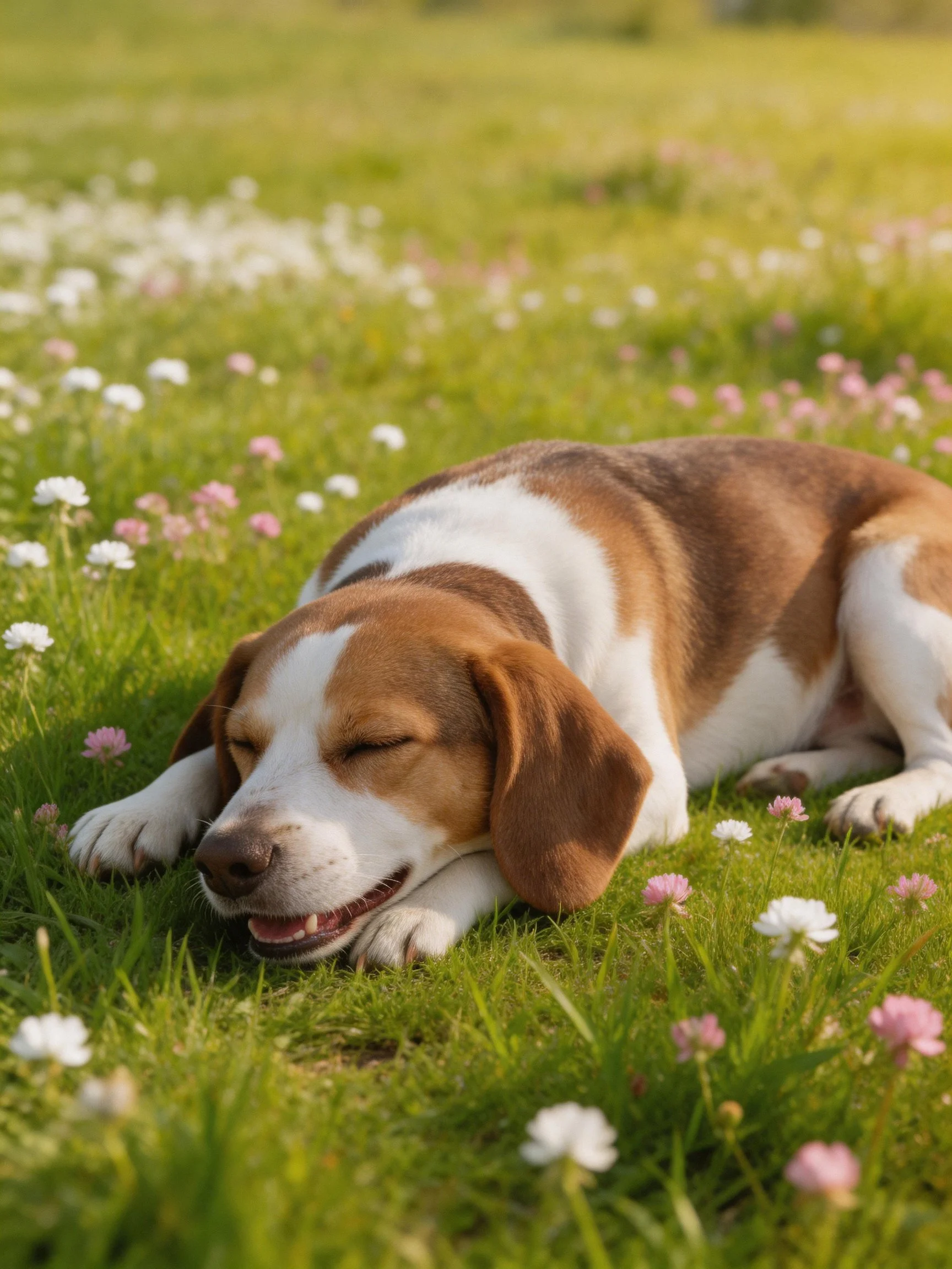 A brown and white beagle rests on green grass with pink and white flowers